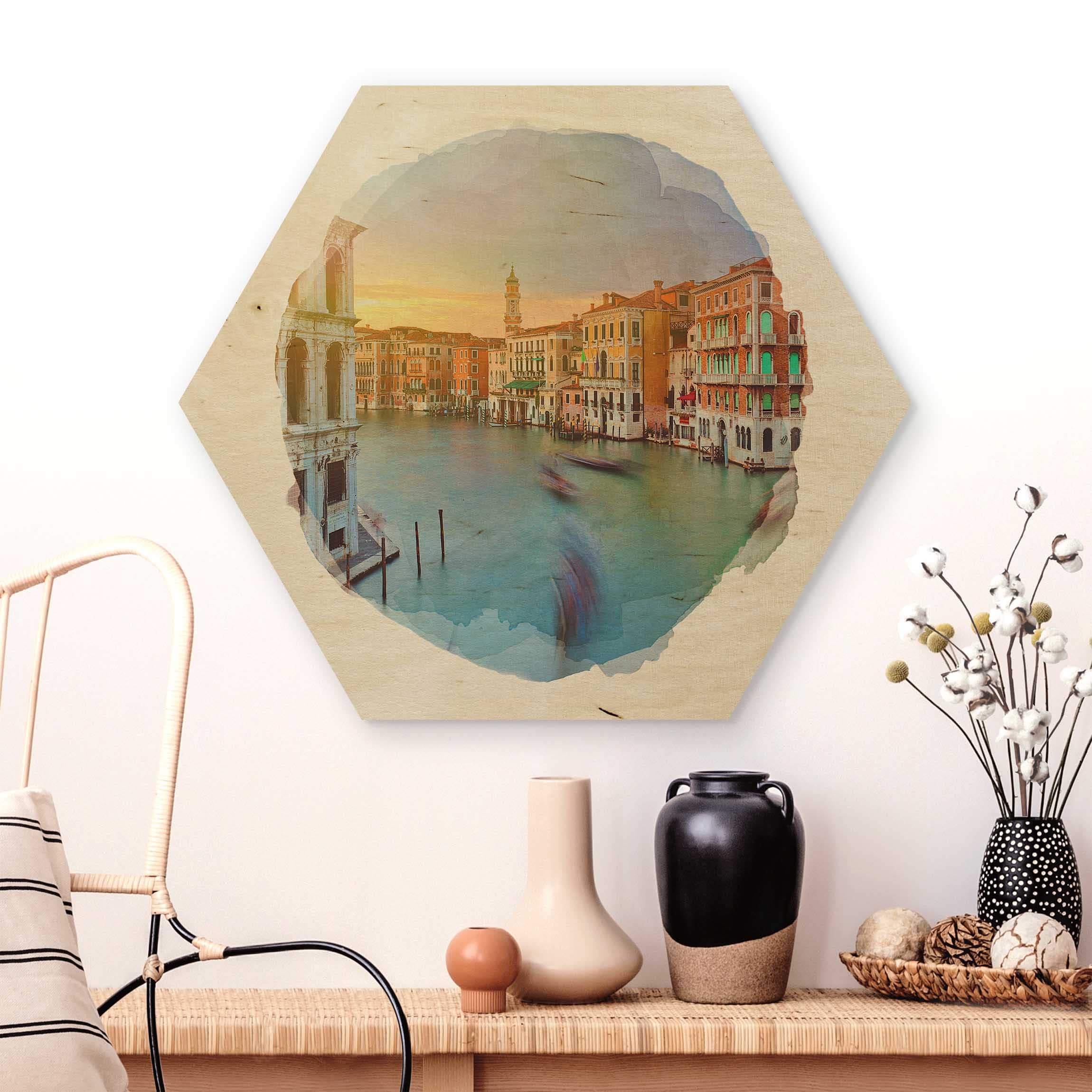 Hexagon-Holzbild Wasserfarben - Canale Grande Blick von der Rialtobrücke Venedig