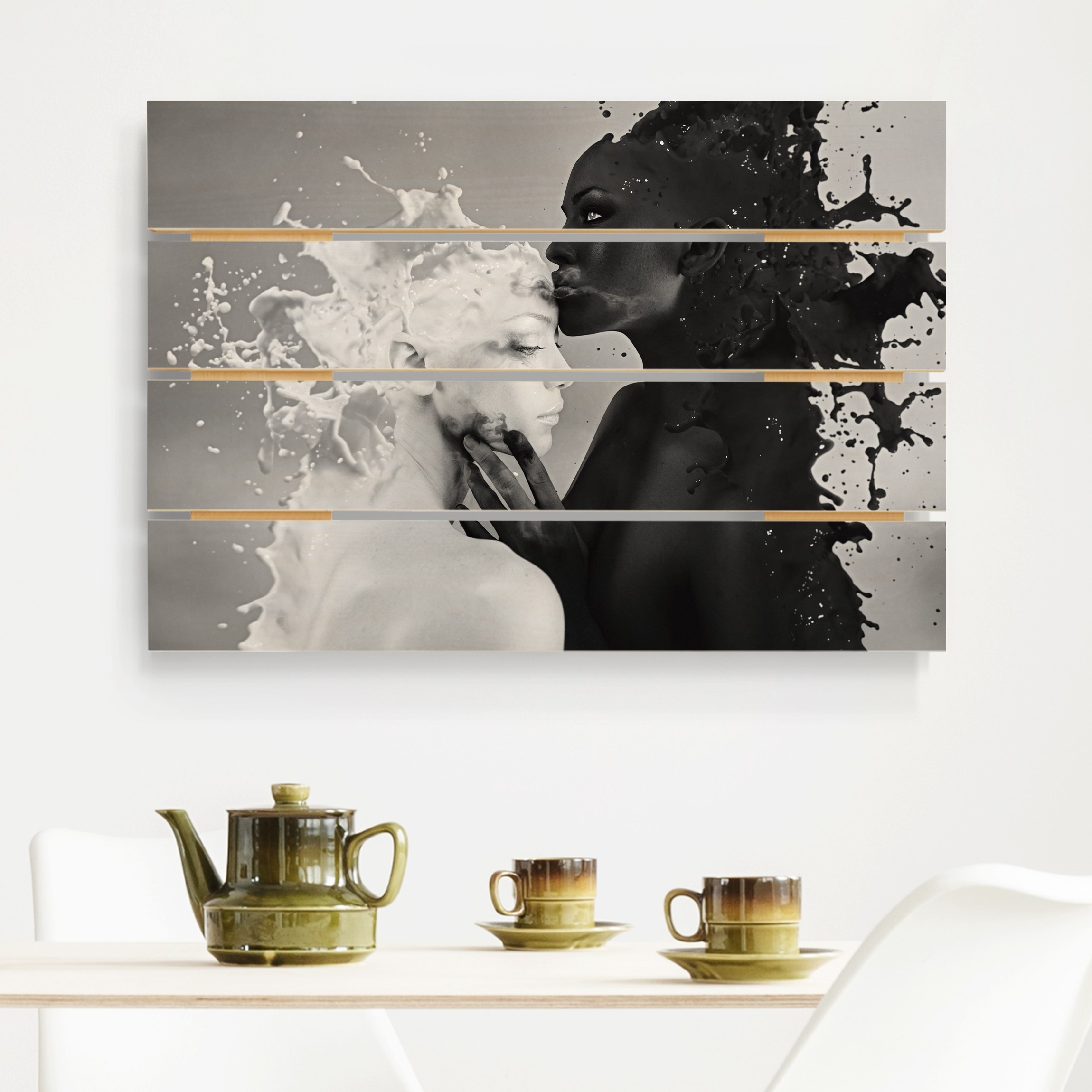Holzbild Plankenoptik Milch & Kaffee Kuss schwarz weiß