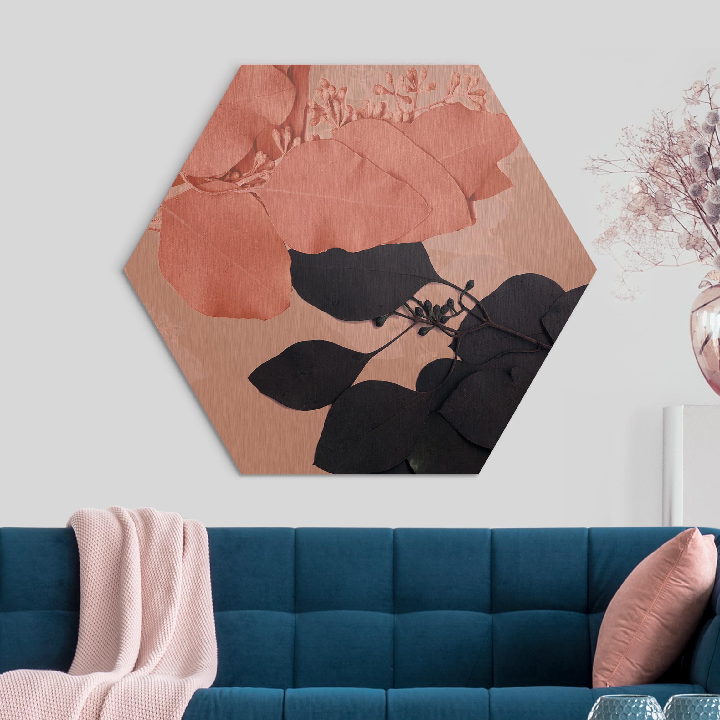 Hexagon-Alu-Dibond Bild Blätter Indigo & Rouge II