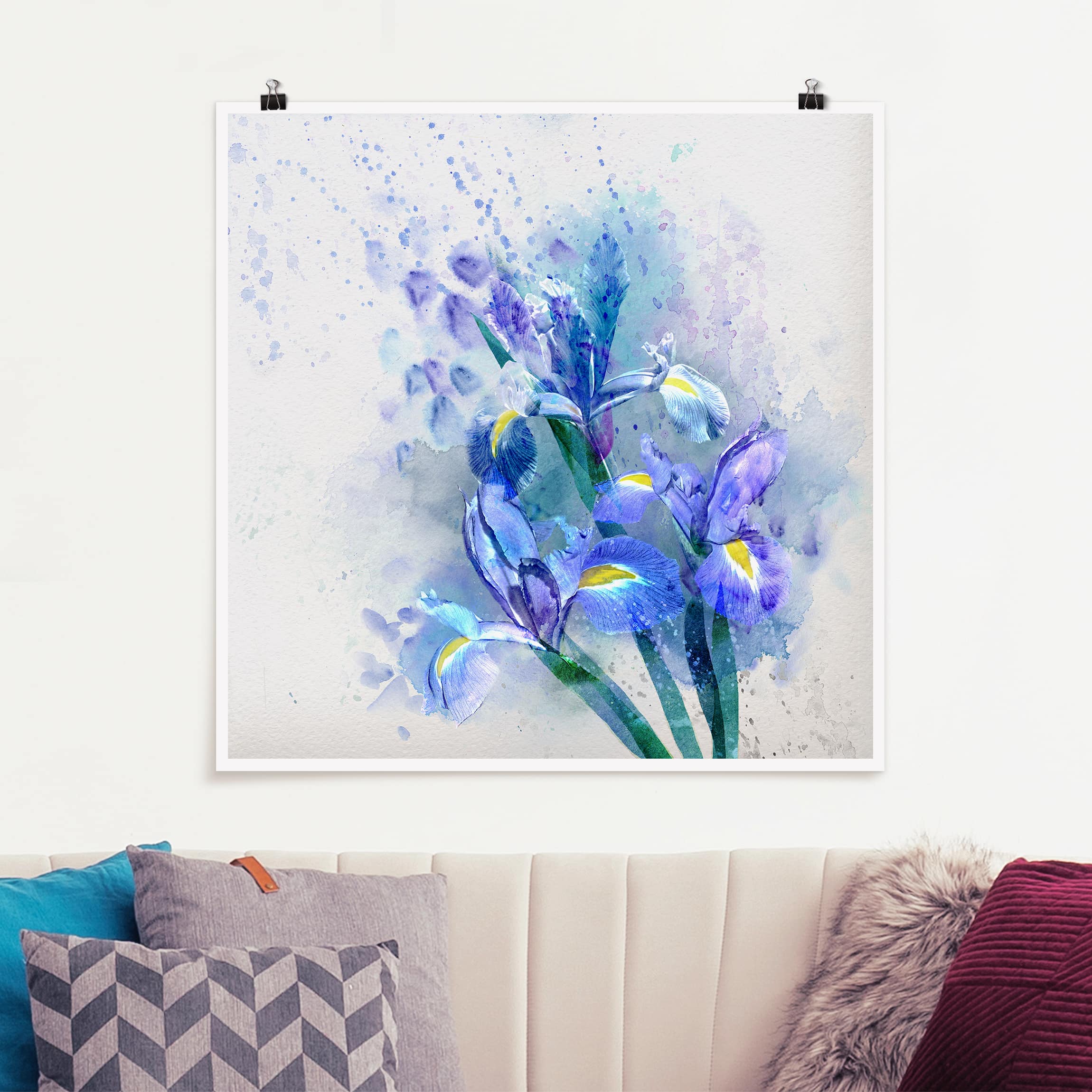 Poster - Quadrat Aquarell Blumen Iris