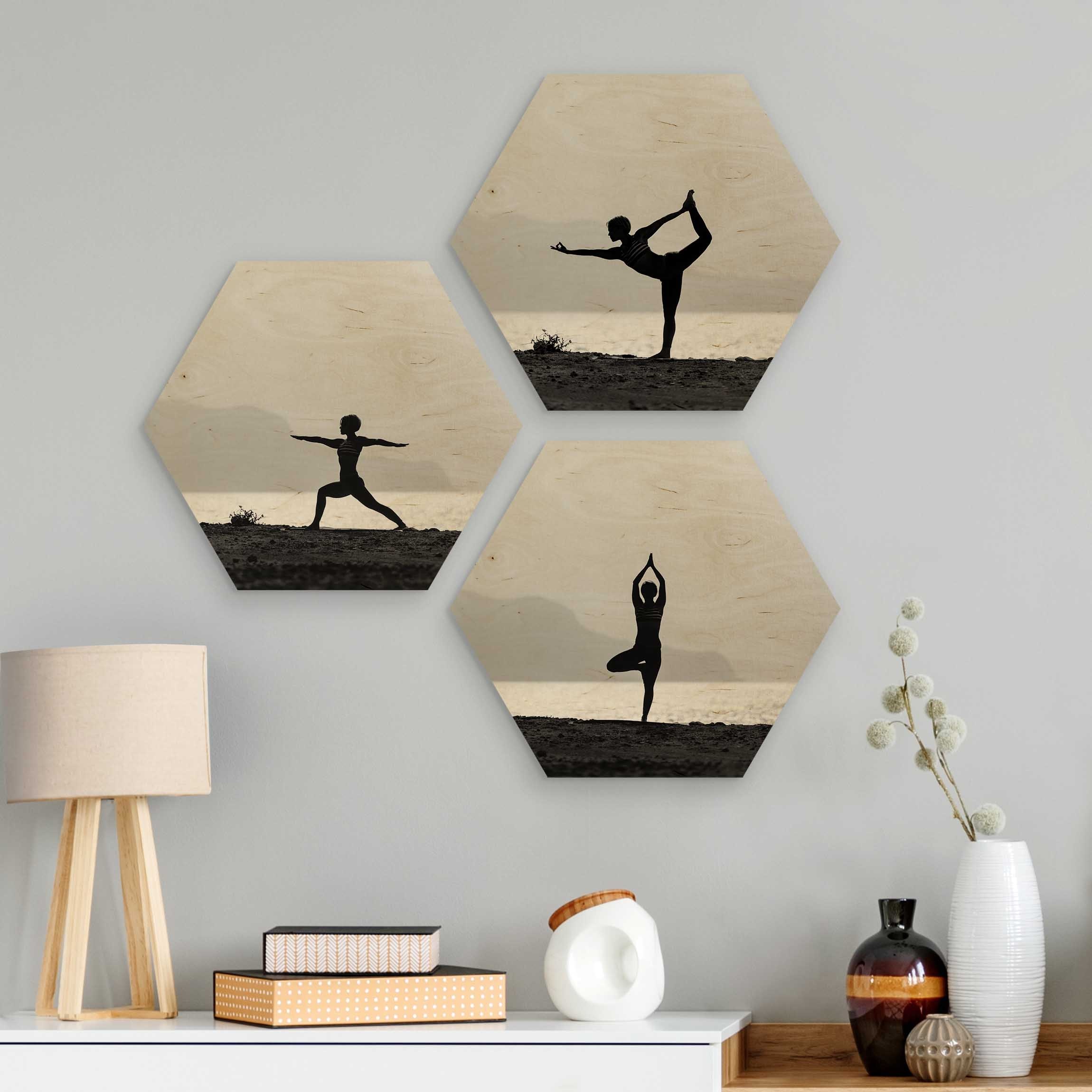 3-teiliges Hexagon-Holzbild Yoga Trio