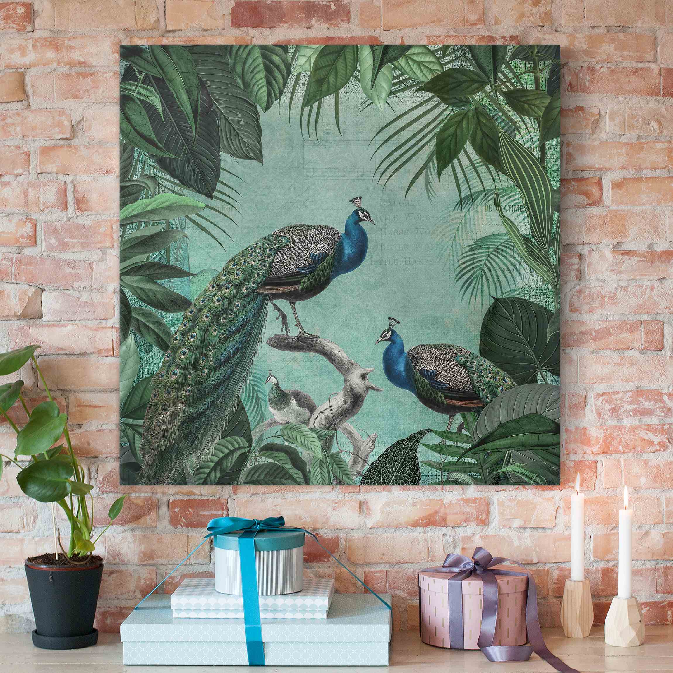 Leinwandbild Shabby Chic Collage - Edler Pfau