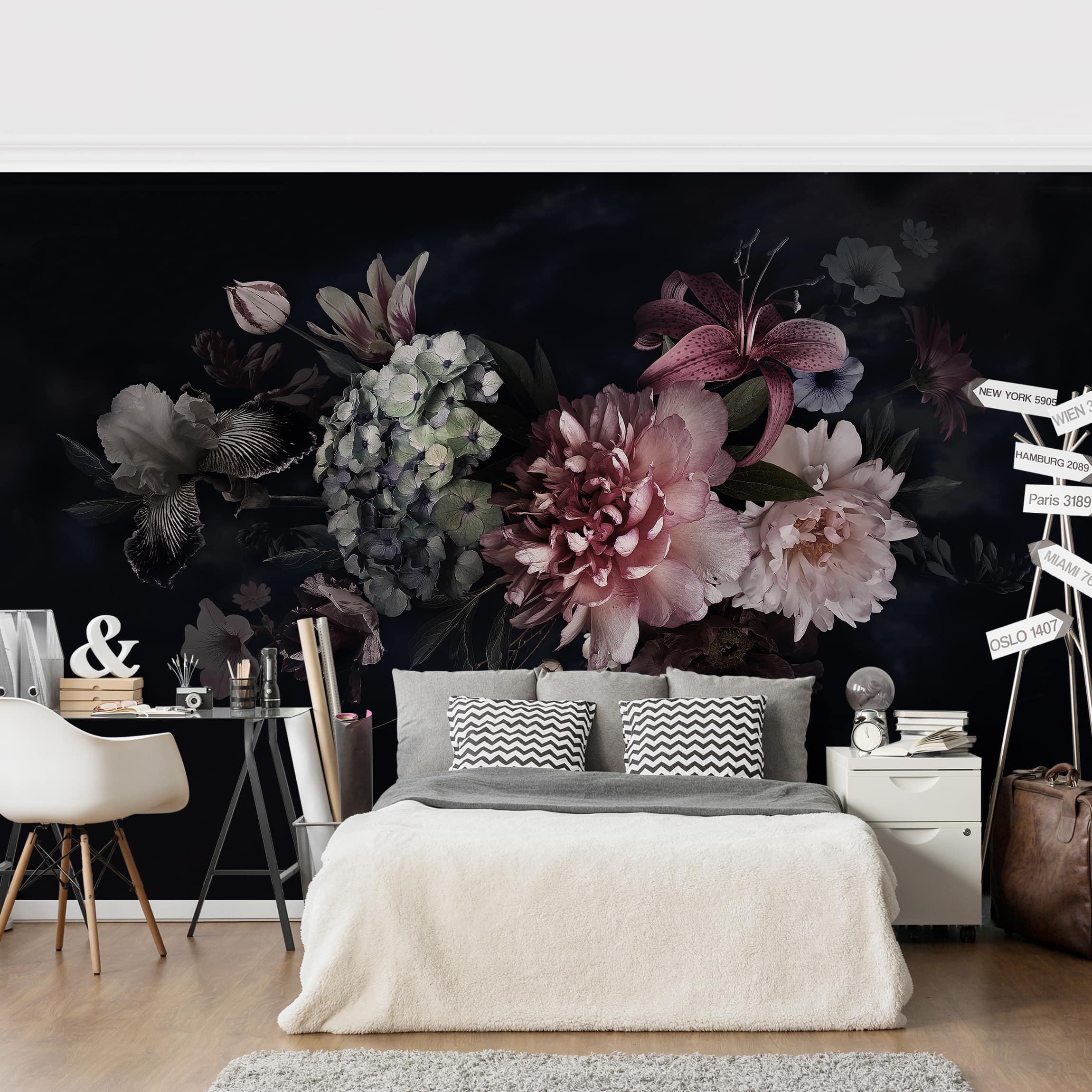 Fototapete Blumen Blumen mit Nebel auf Schwarz