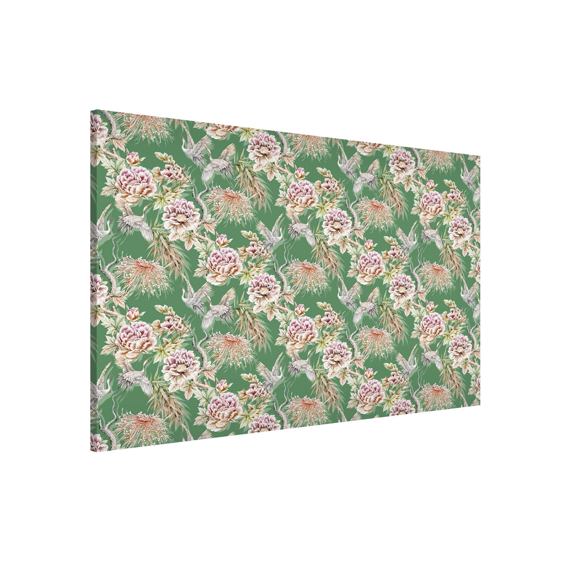 Magnettafel Aquarell Vögel mit großen Blüten vor Grün