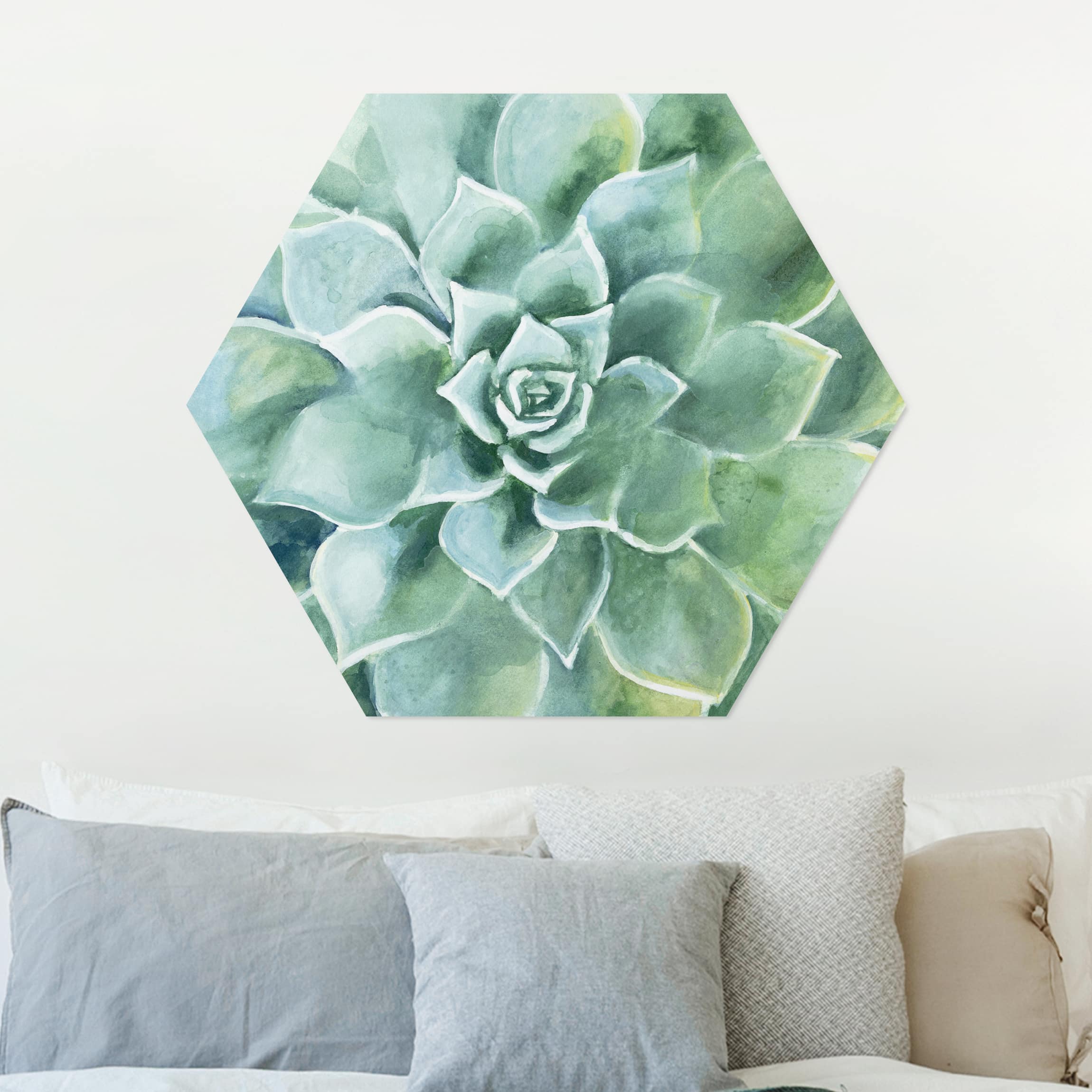 Hexagon-Alu-Dibond Bild Sukkulente Aquarell Dunkel