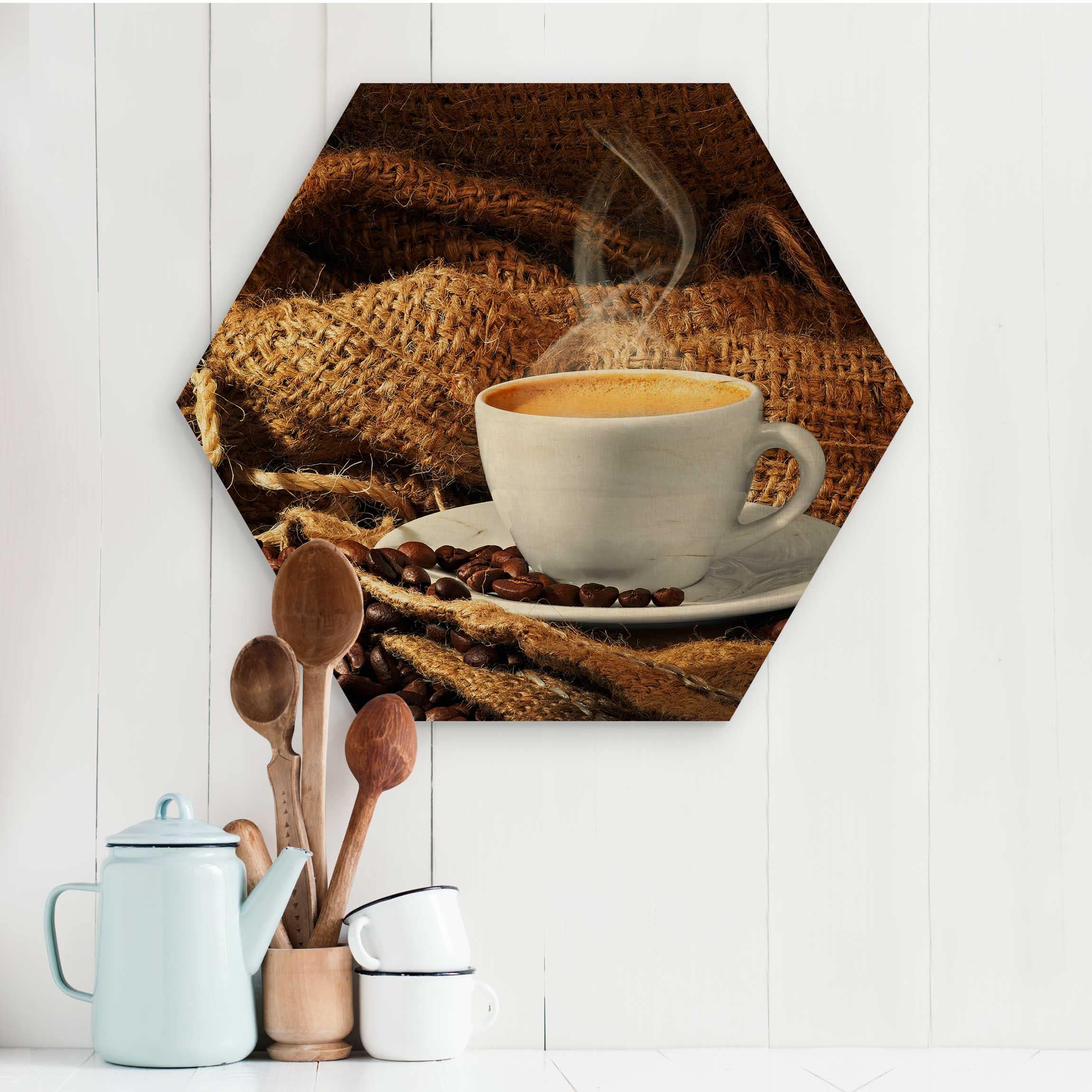 Hexagon-Holzbild Kaffee am Morgen