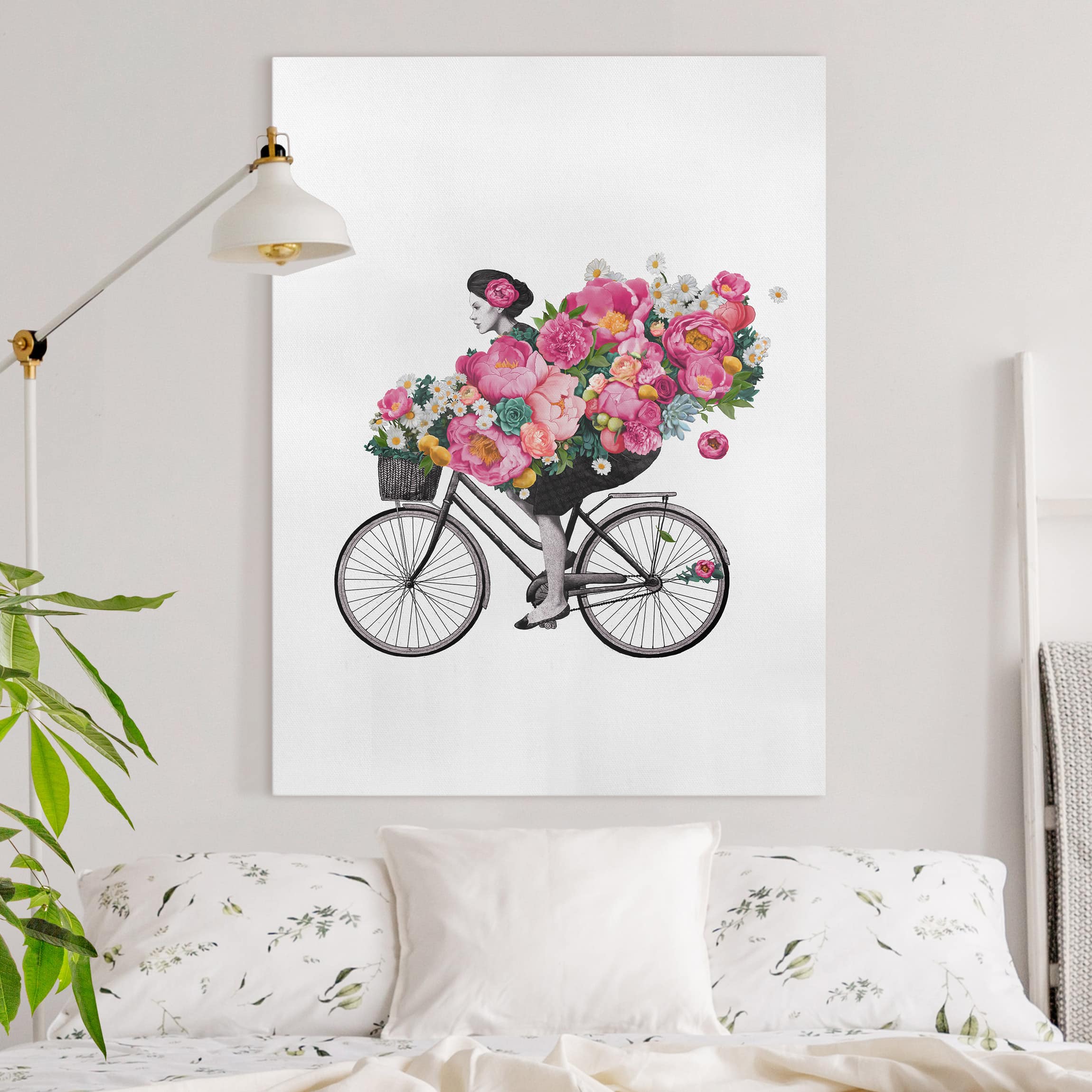 Leinwandbild - Hochformat Illustration Frau auf Fahrrad Collage bunte Blumen