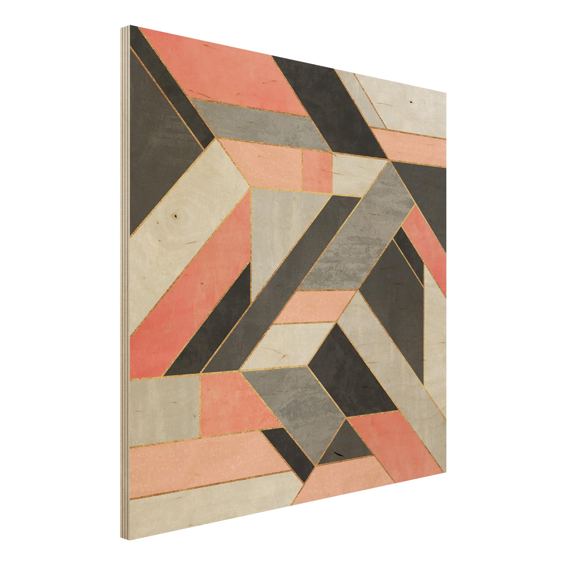 Holzbild - Quadrat Geometrie Rosa und Gold