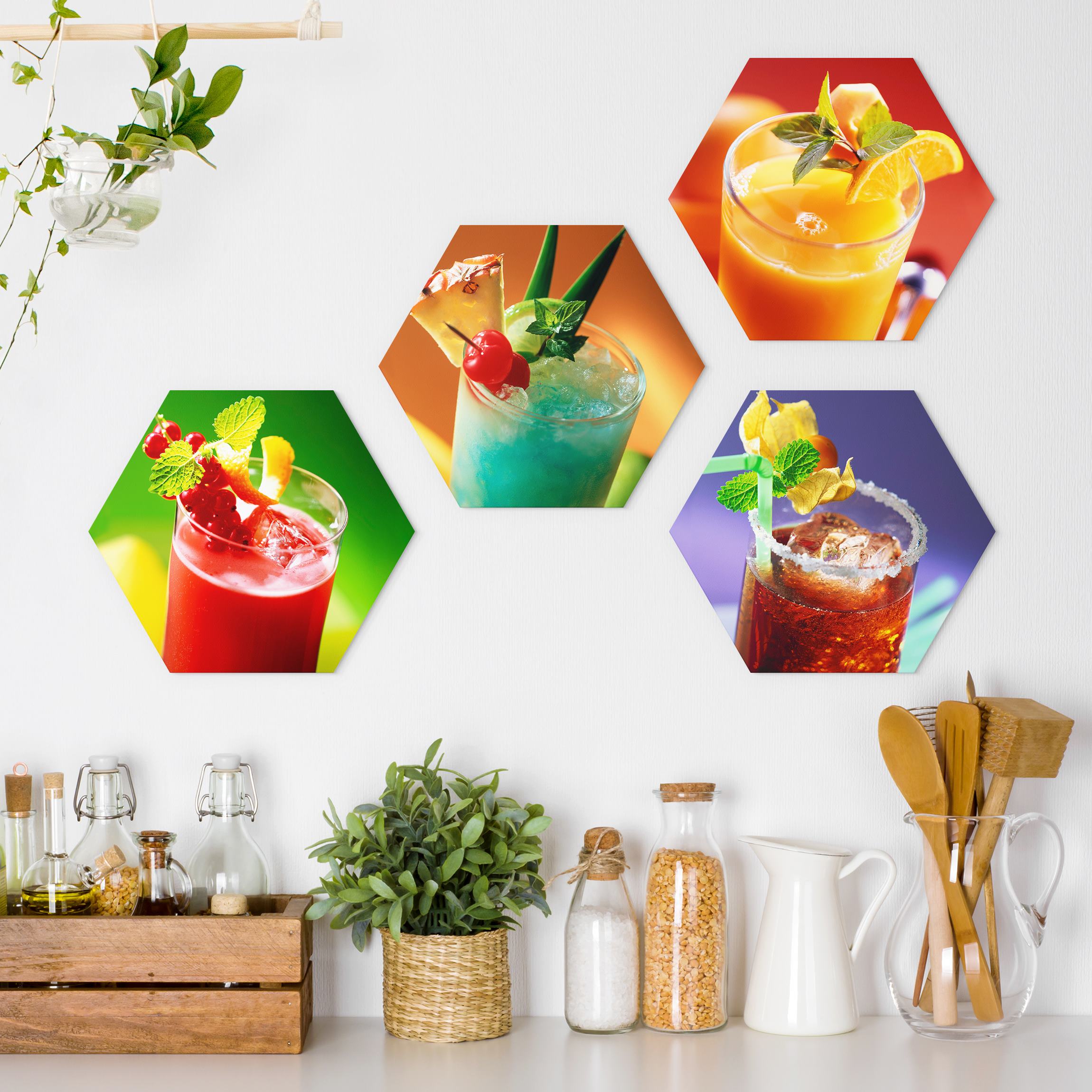 4-teiliges Hexagon-Alu-Dibond Bild Bunte Cocktails