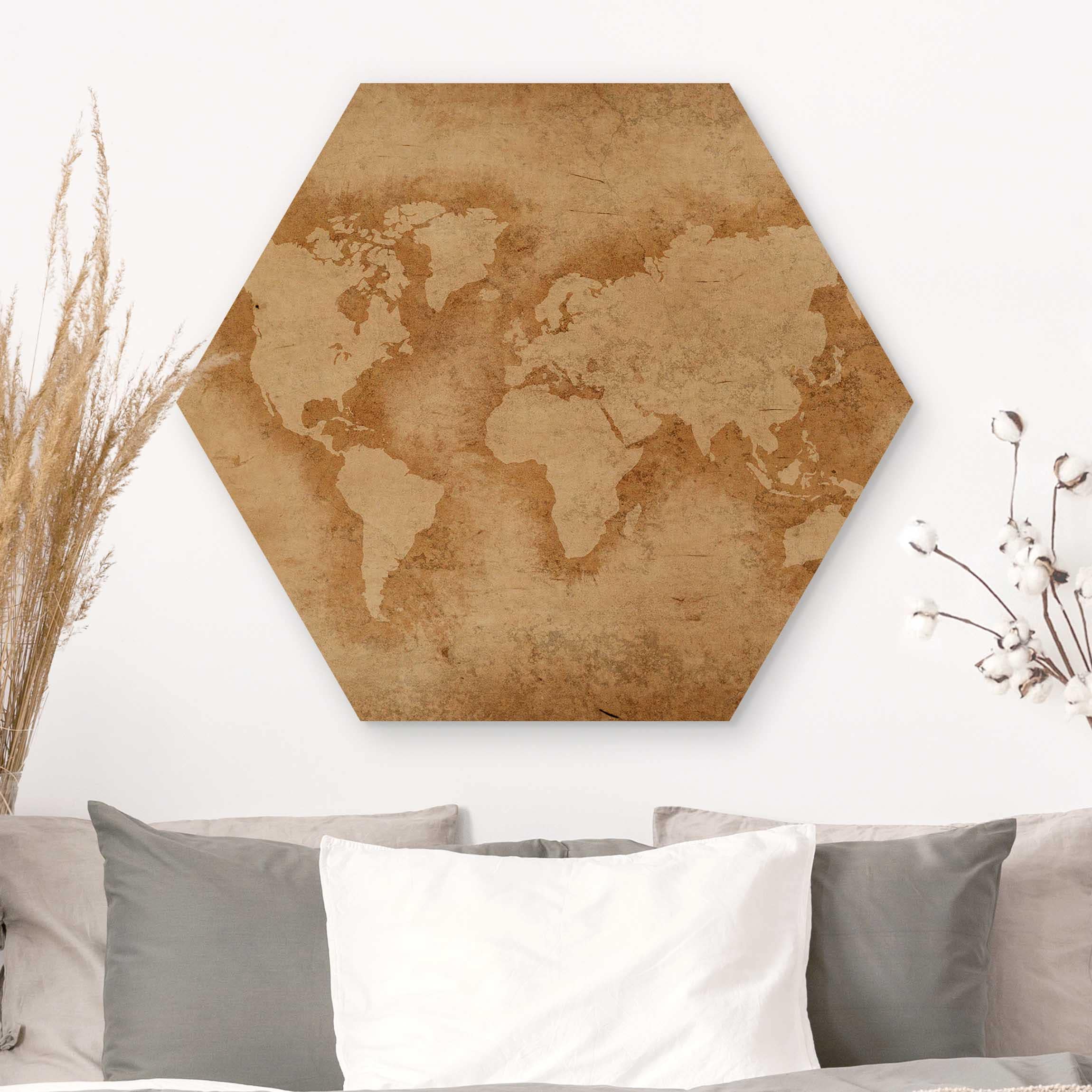 Hexagon-Holzbild Antike Weltkarte