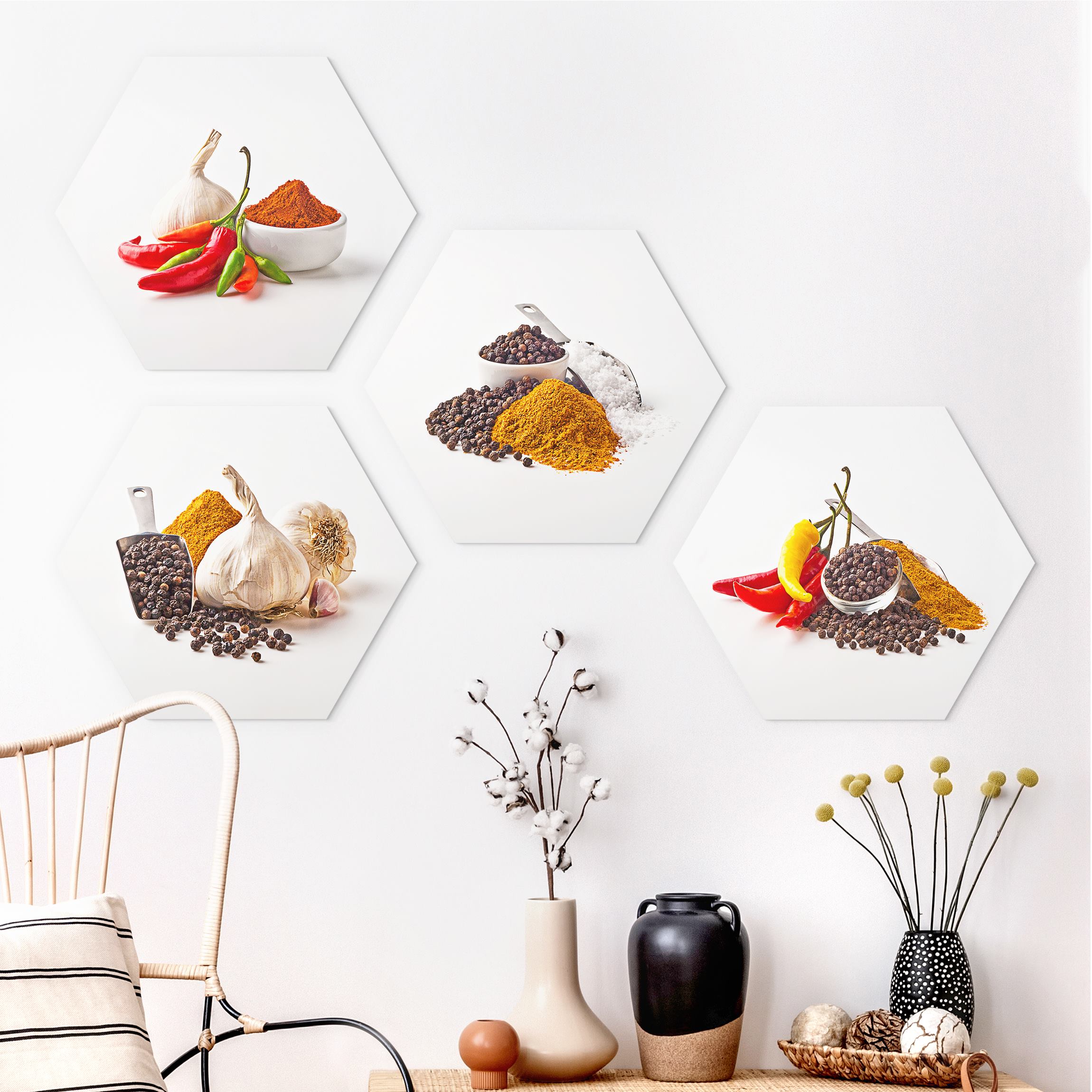 4-teiliges Hexagon-Alu-Dibond Bild Chili Knoblauch und Gewürz - Sets