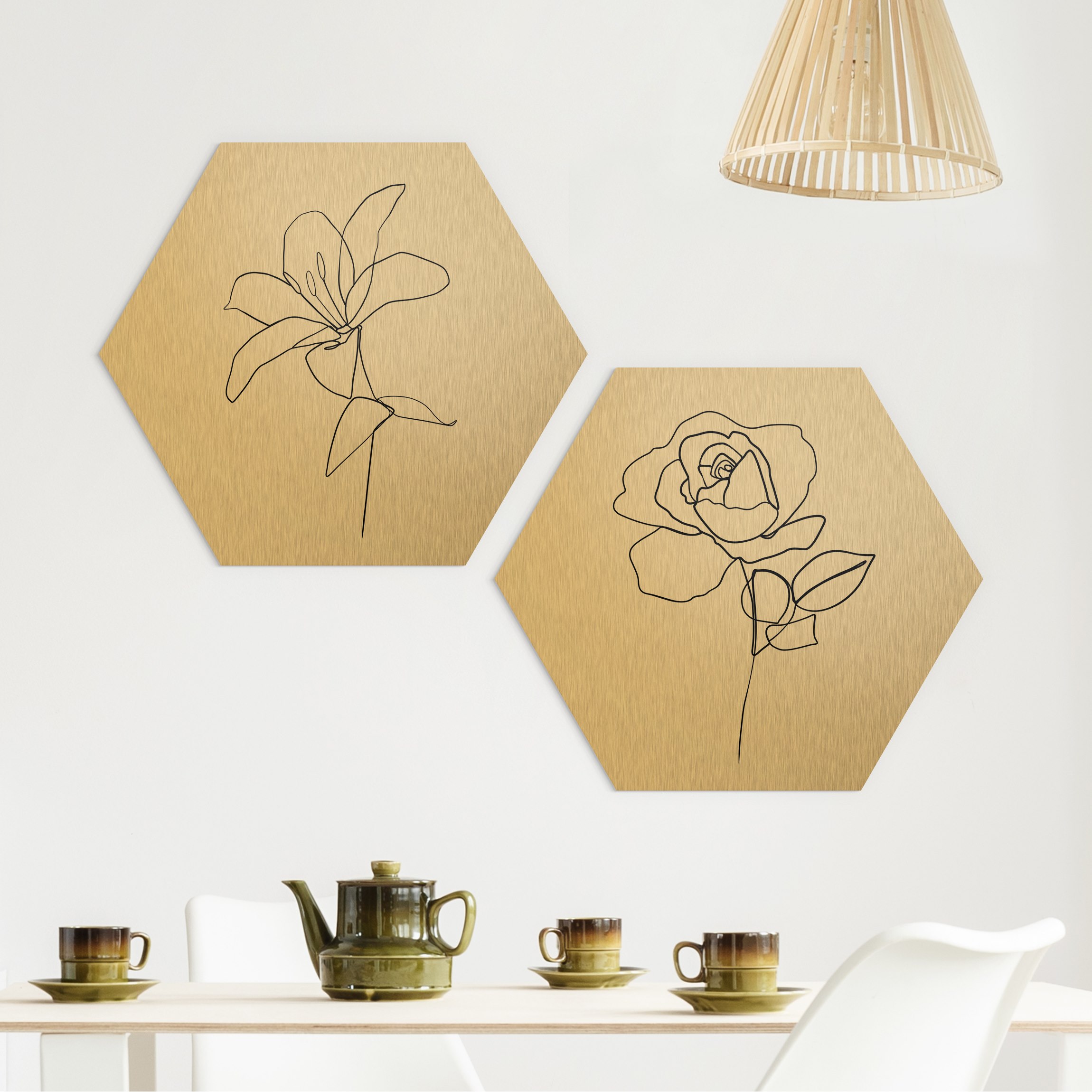 2-teiliges Hexagon-Alu-Dibond Bild Line Art Blüten Schwarz Weiß Set