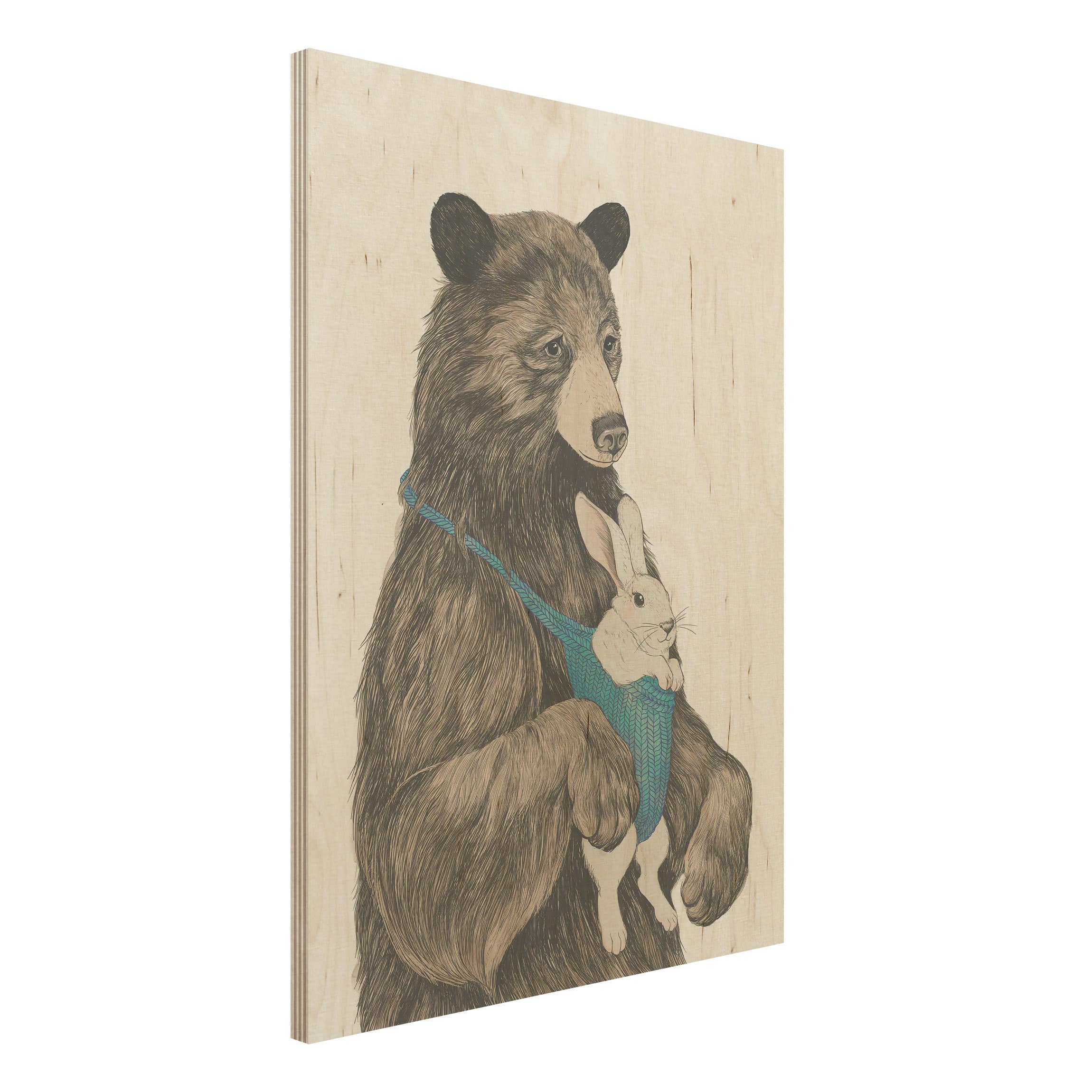 Holzbild - Hochformat 3:4 Illustration Bär und Hase Baby