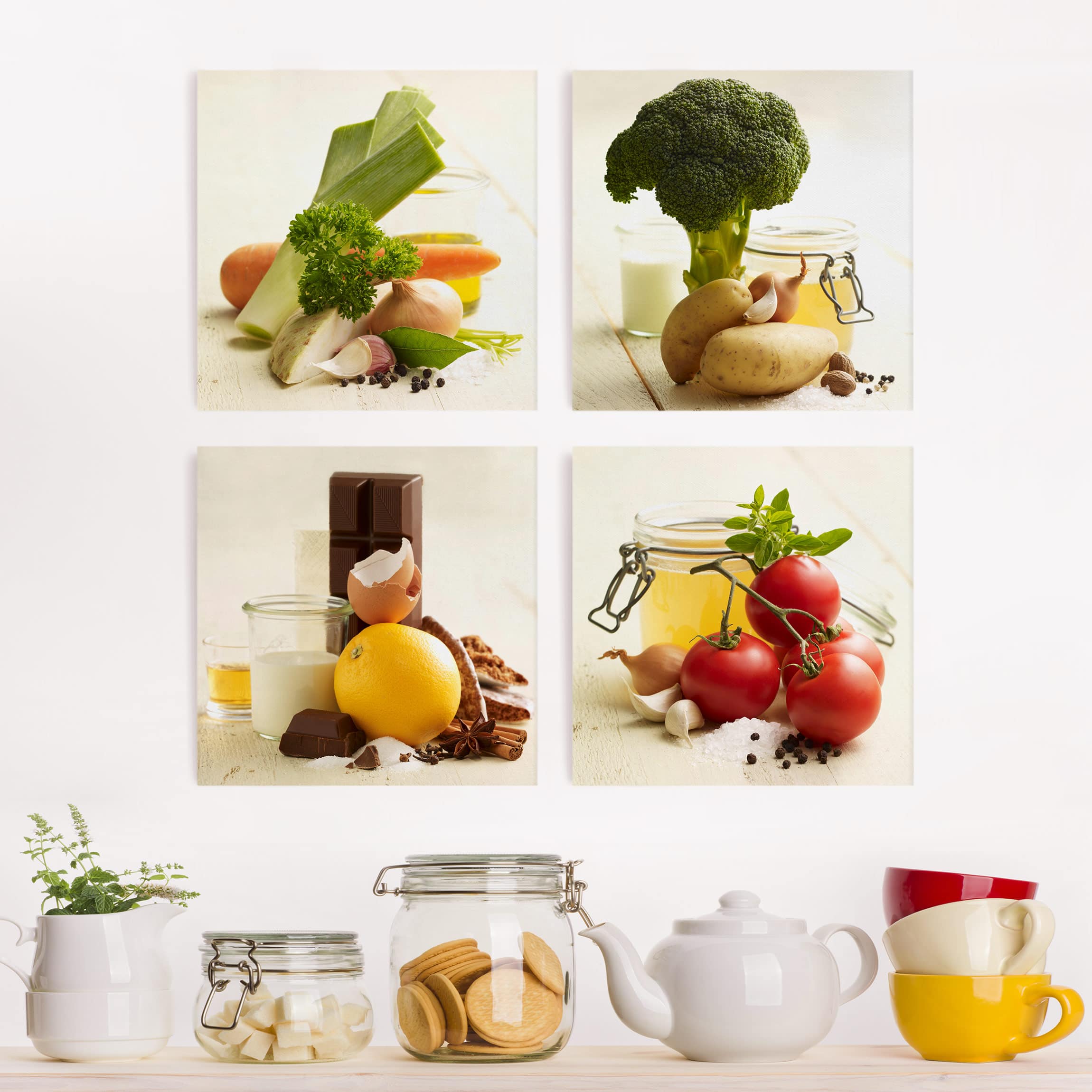 4-teiliges Leinwandbild Küche Zutaten - Mix