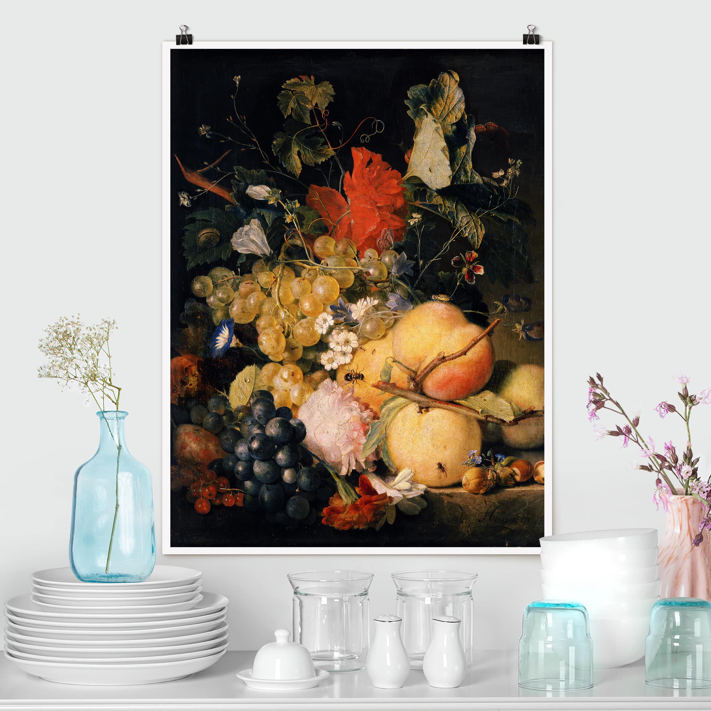 Poster - Hochformat Jan van Huysum - Früchte Blumen und Insekten