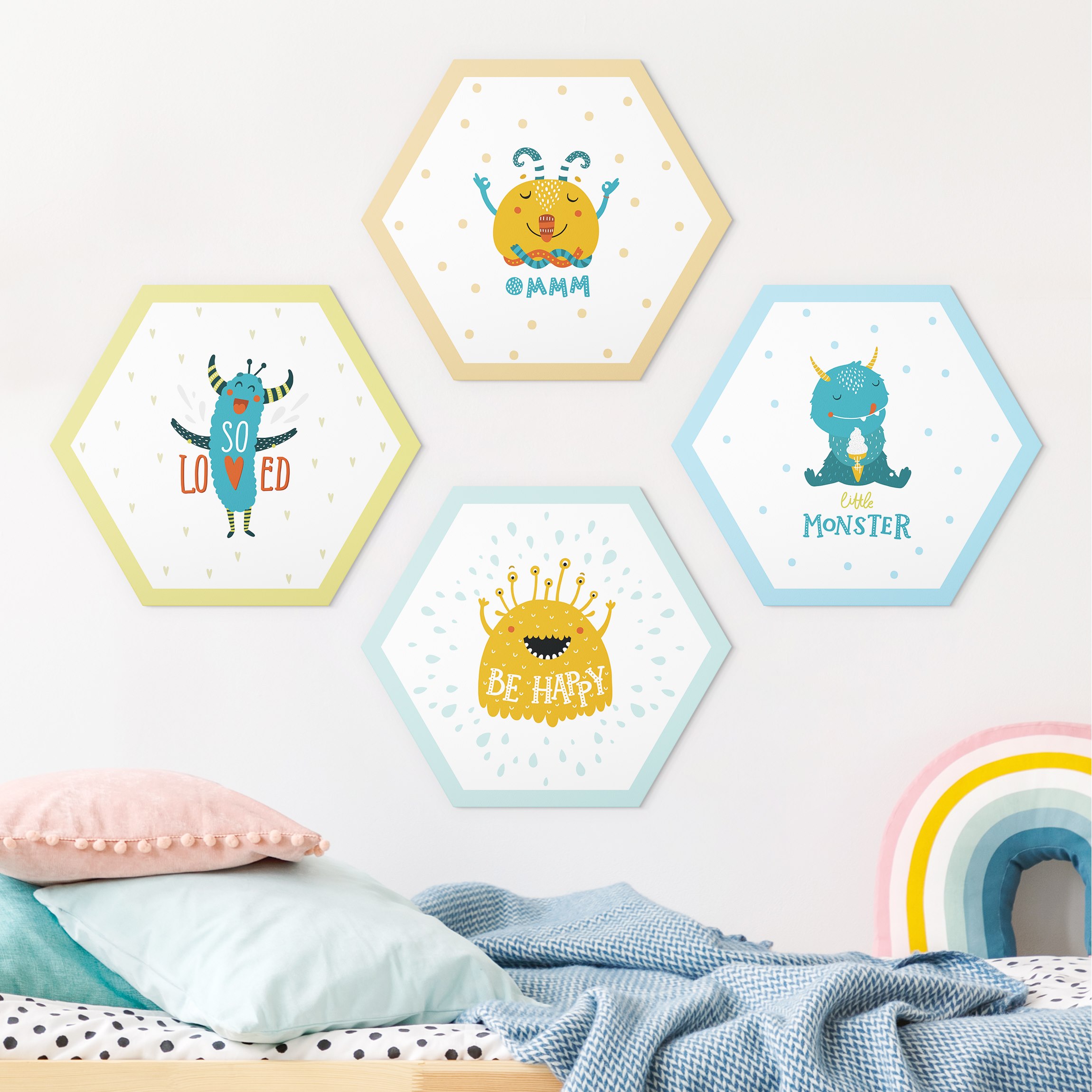 4-teiliges Hexagon-Forexbild Süße Monster Set I