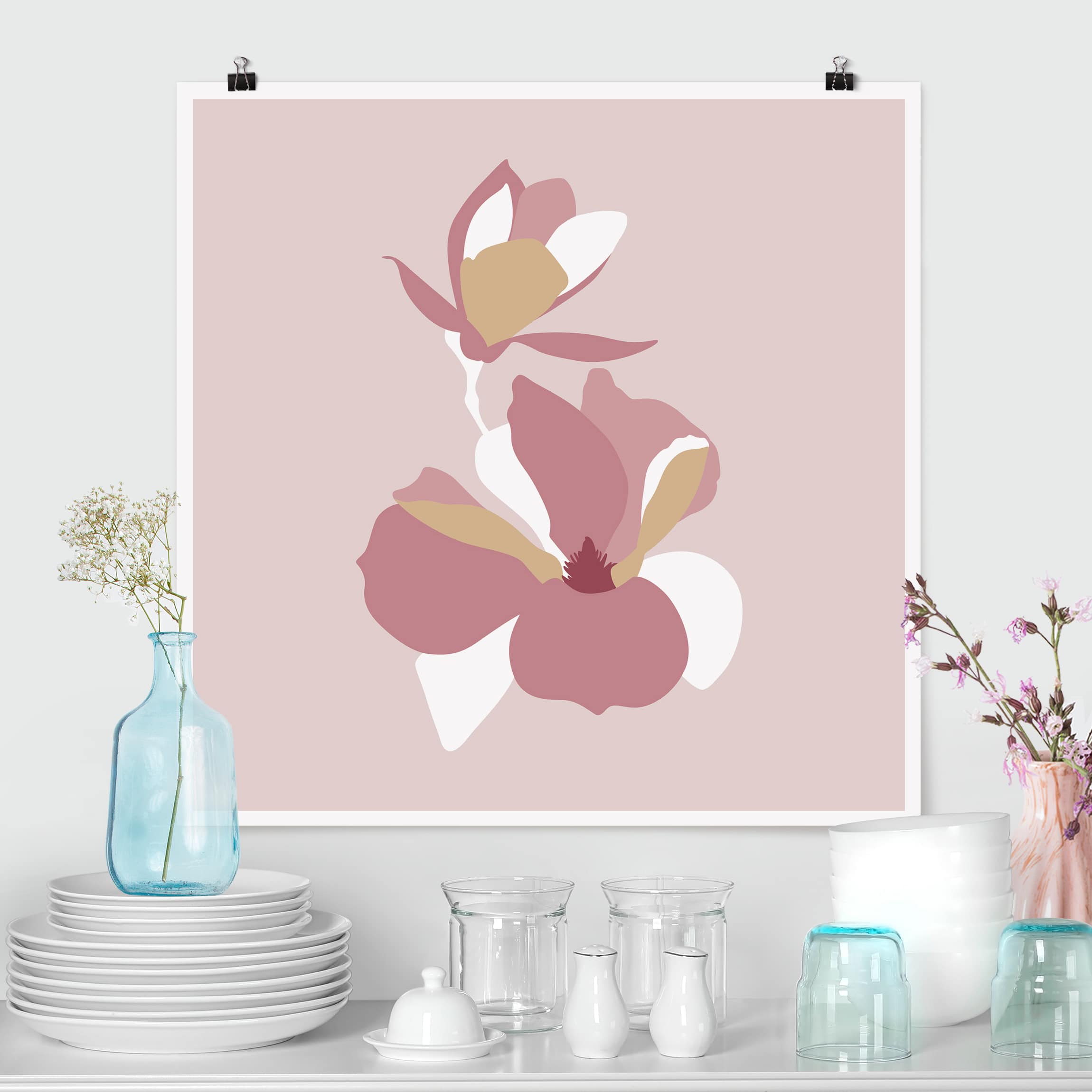 Poster - Quadrat Line Art Blüten Pastell Rosa