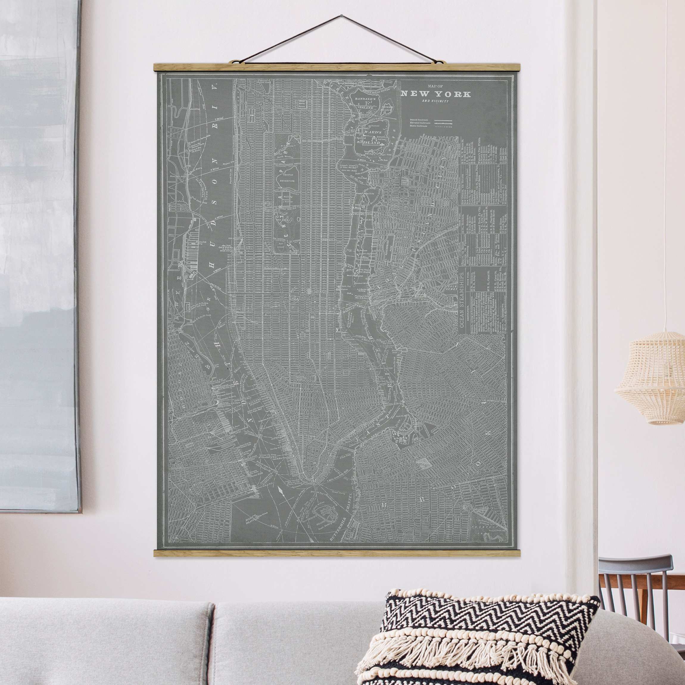 Stoffbild mit Posterleisten Vintage Stadtplan New York Manhattan