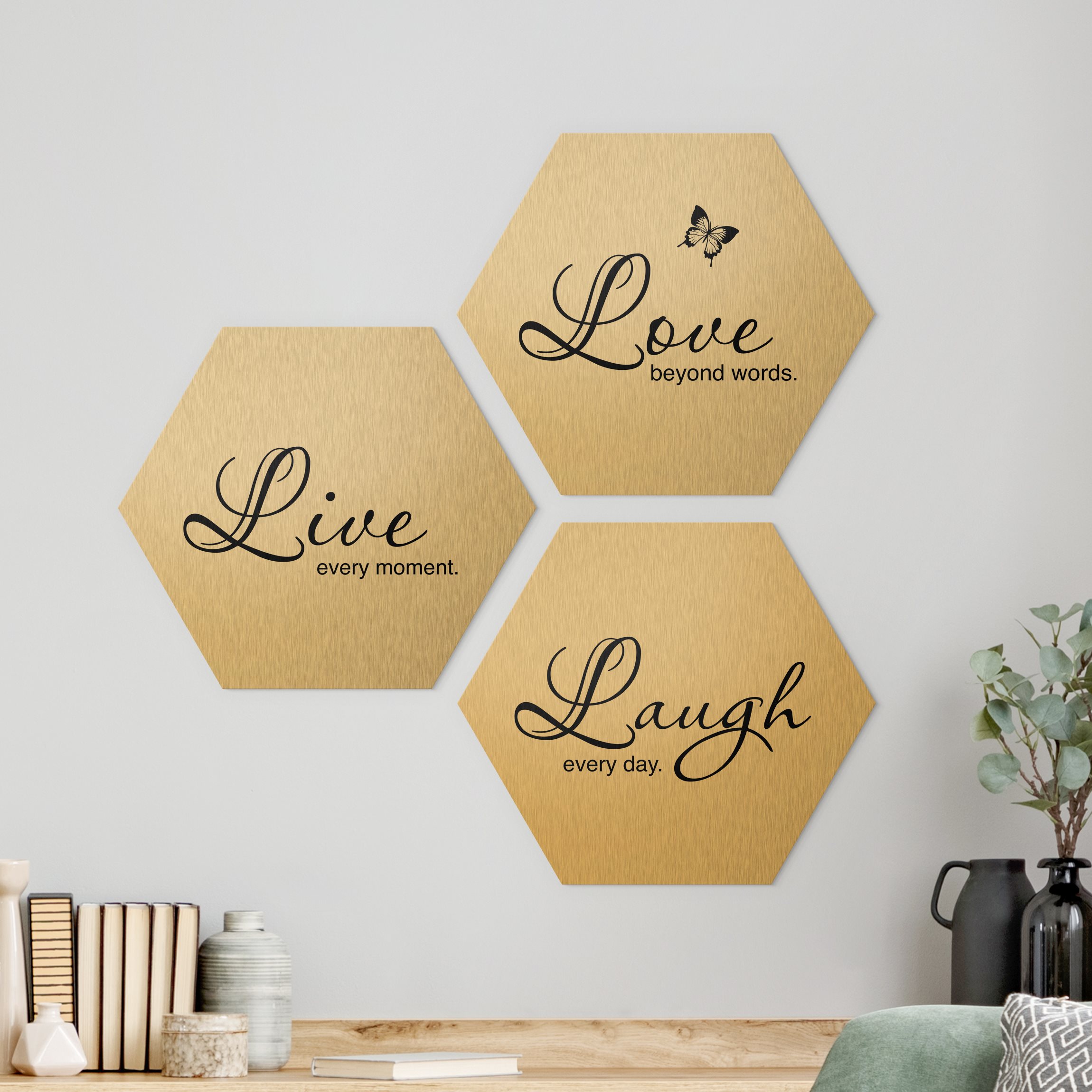 3-teiliges Hexagon-Alu-Dibond Bild Live Laugh Love