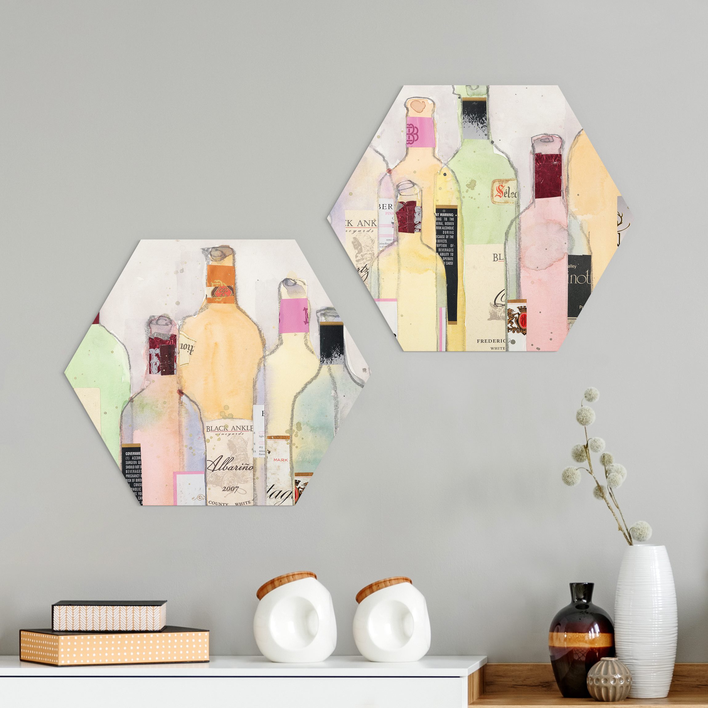 2-teiliges Hexagon-Alu-Dibond Bild Weinflaschen in Wasserfarbe Set I