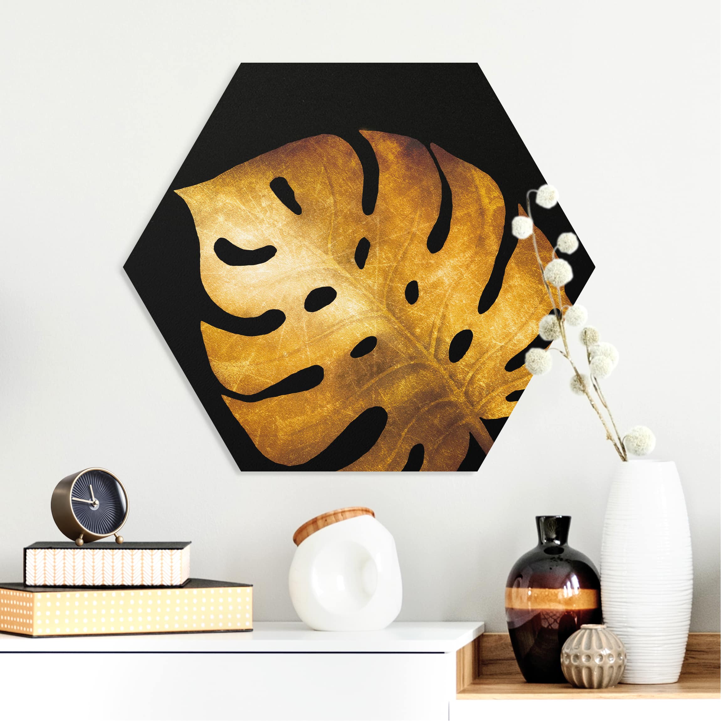 Hexagon-Forexbild Gold - Monstera auf Schwarz