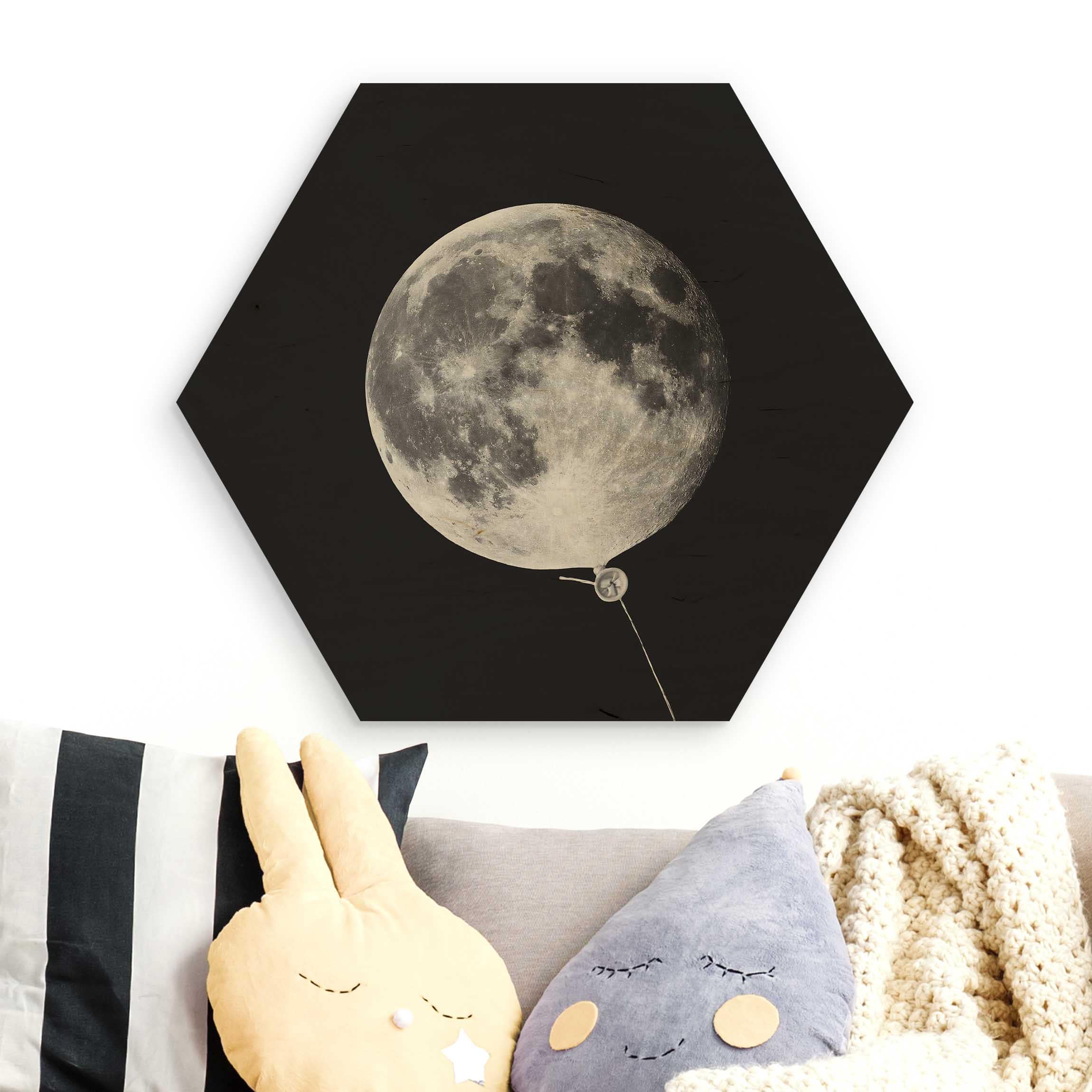 Hexagon-Holzbild Luftballon mit Mond