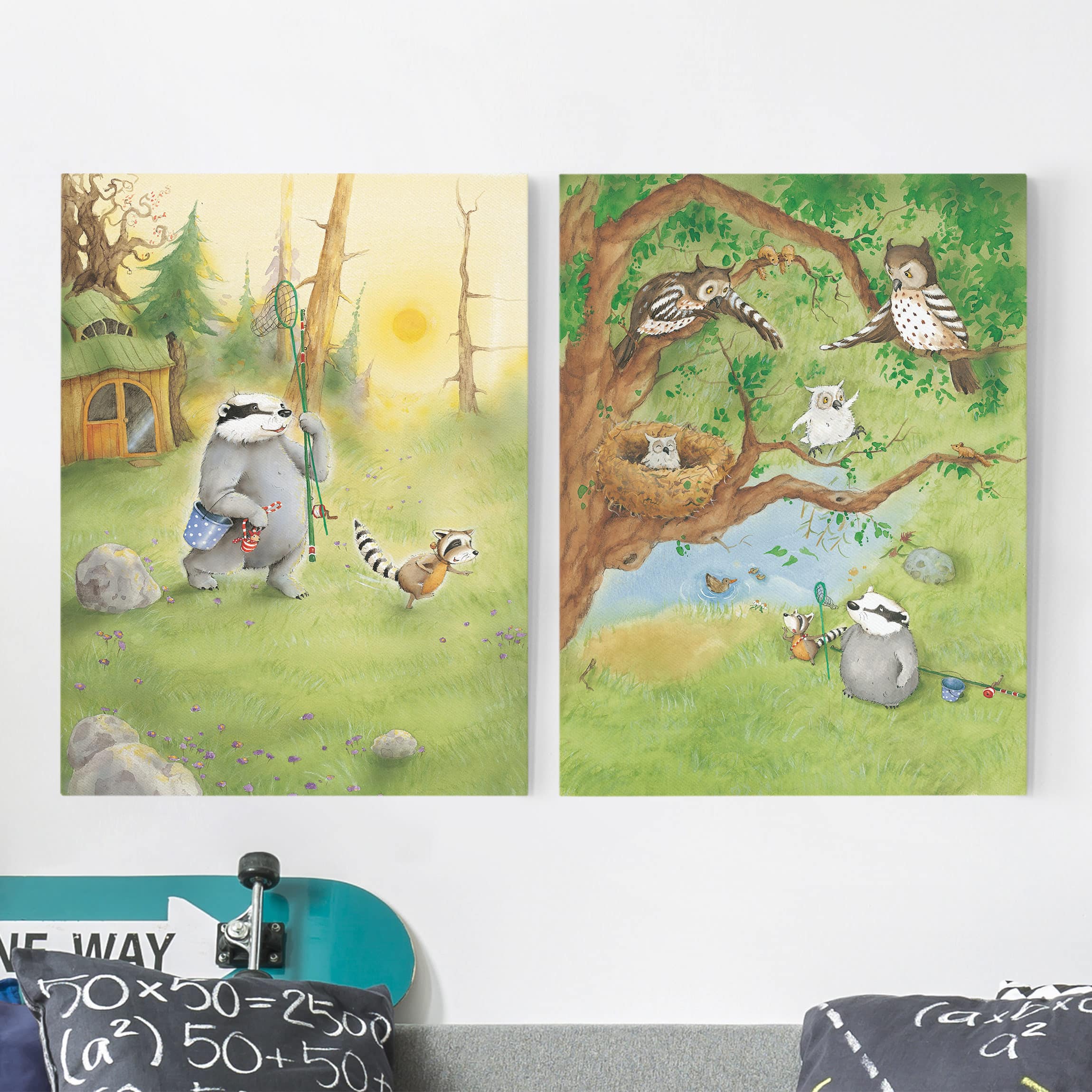 2-teiliges Leinwandbild Kinderzimmer Wassili Waschbär - Wassili und Sibelius und die Eulen