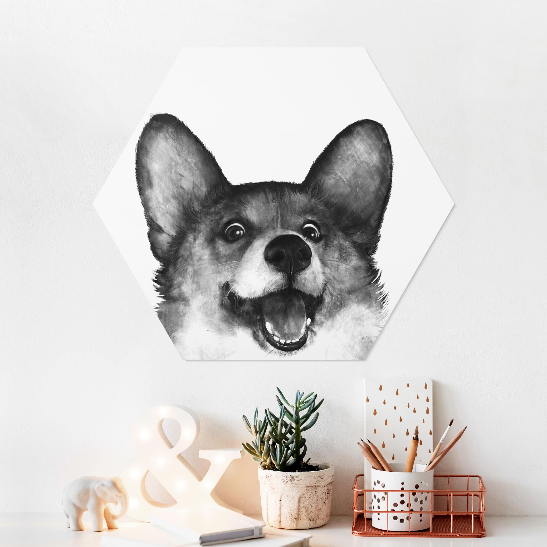 Hexagon-Forexbild Illustration Hund Corgi Weiß Schwarz Malerei