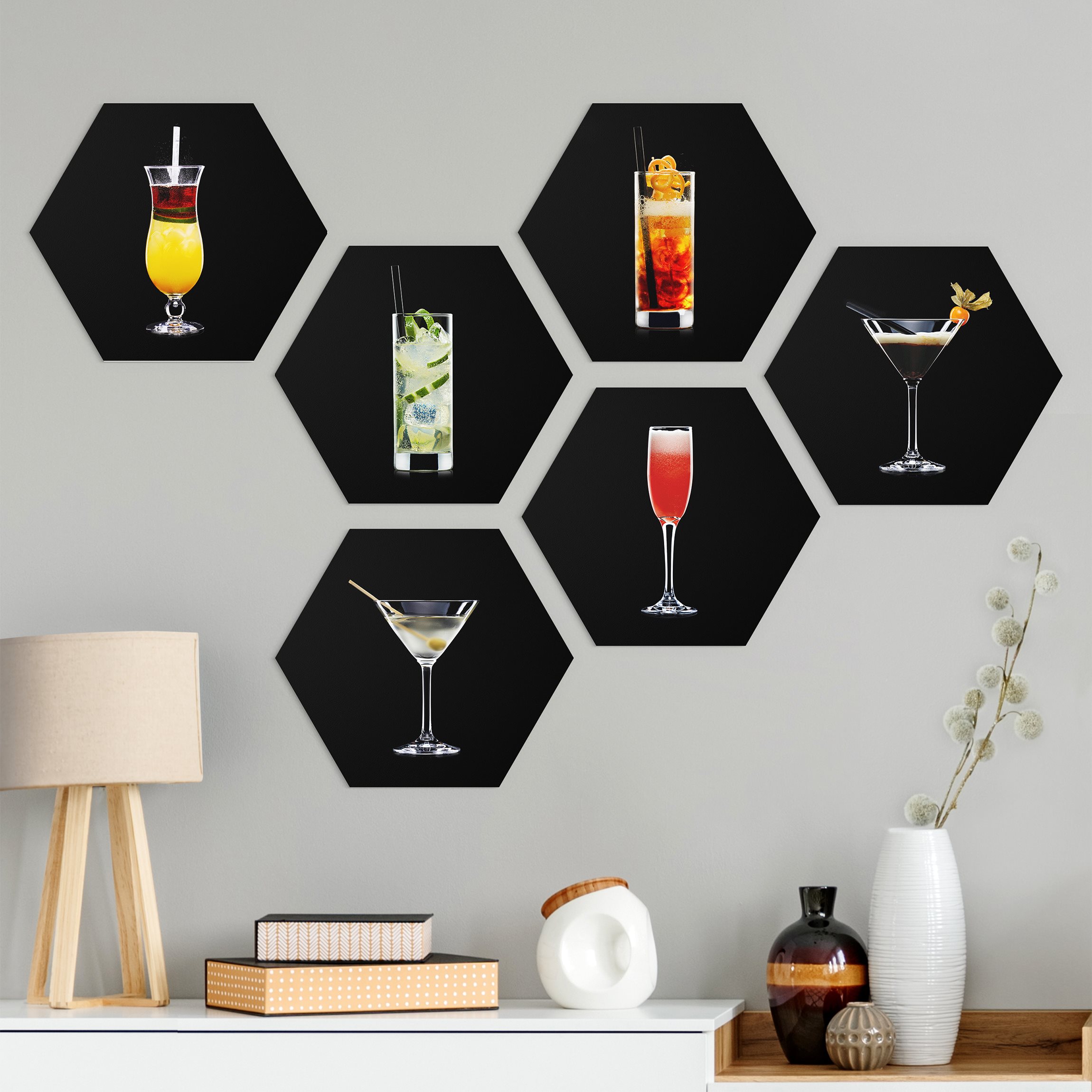 6-teiliges Hexagon-Forexbild Cocktail Set auf Schwarz Set II