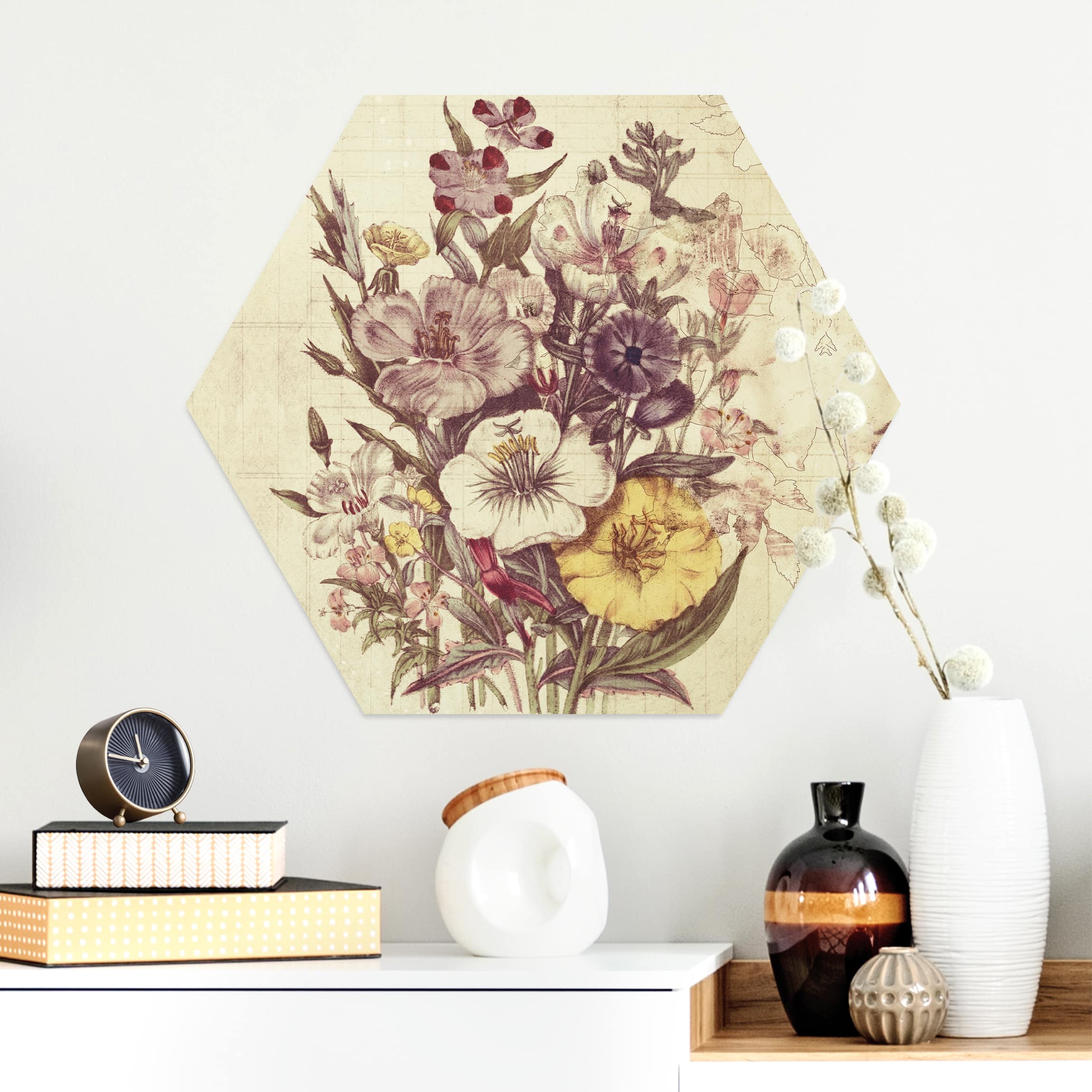 Hexagon-Alu-Dibond Bild Vintage Letter Blumenstrauss