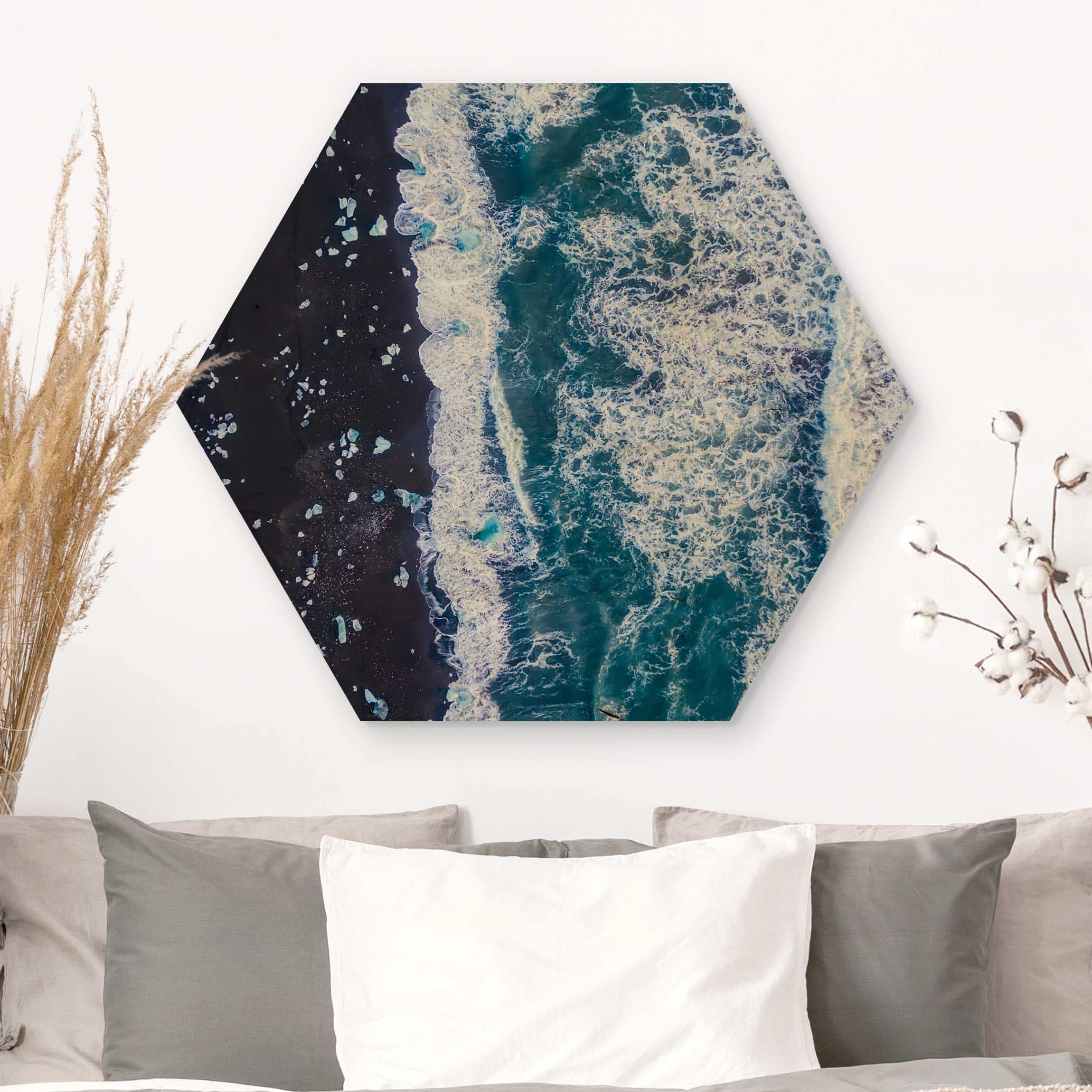 Hexagon-Holzbild Luftbild - Jökulsárlón in Island vertikal