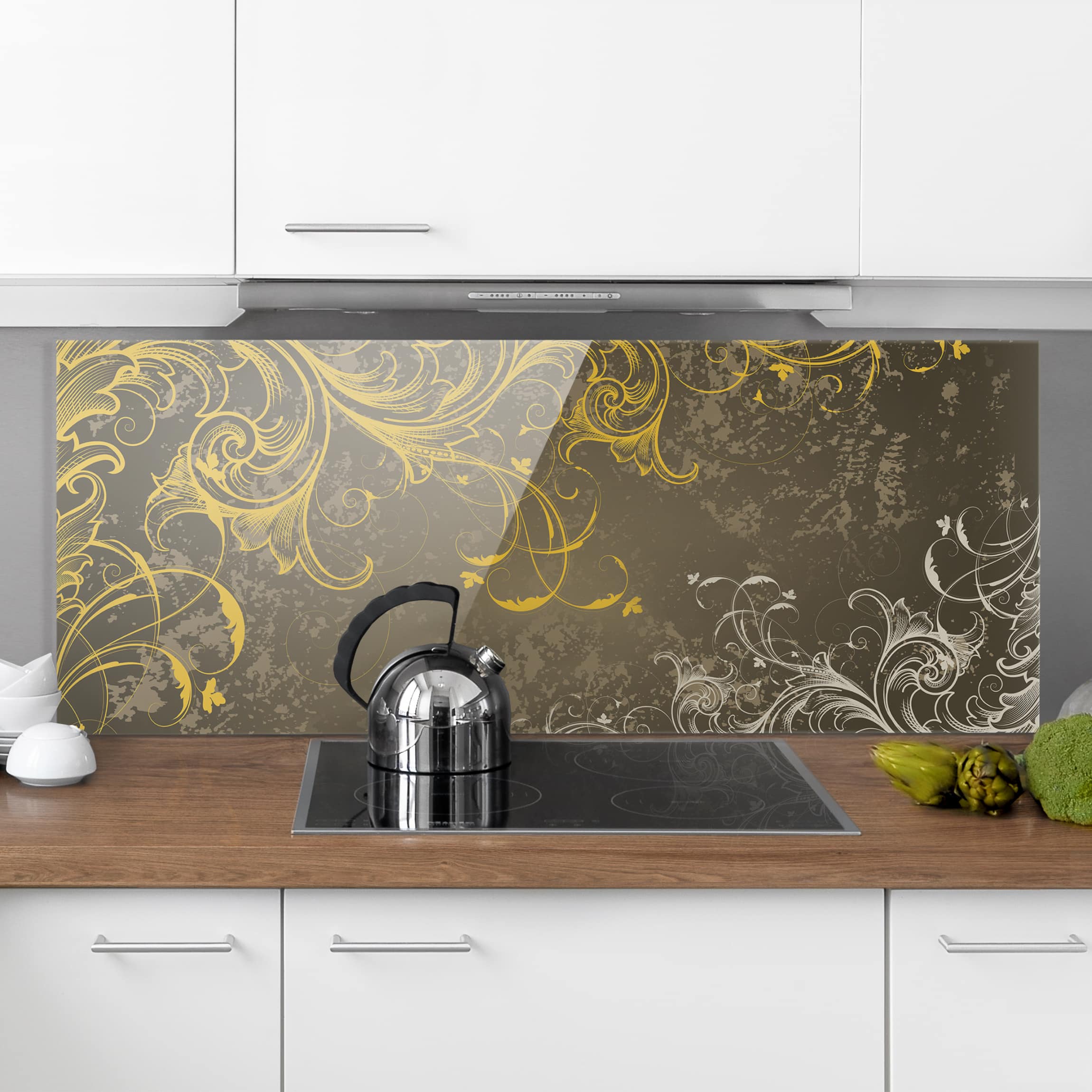Glas Spritzschutz Schnörkel in Gold und Silber