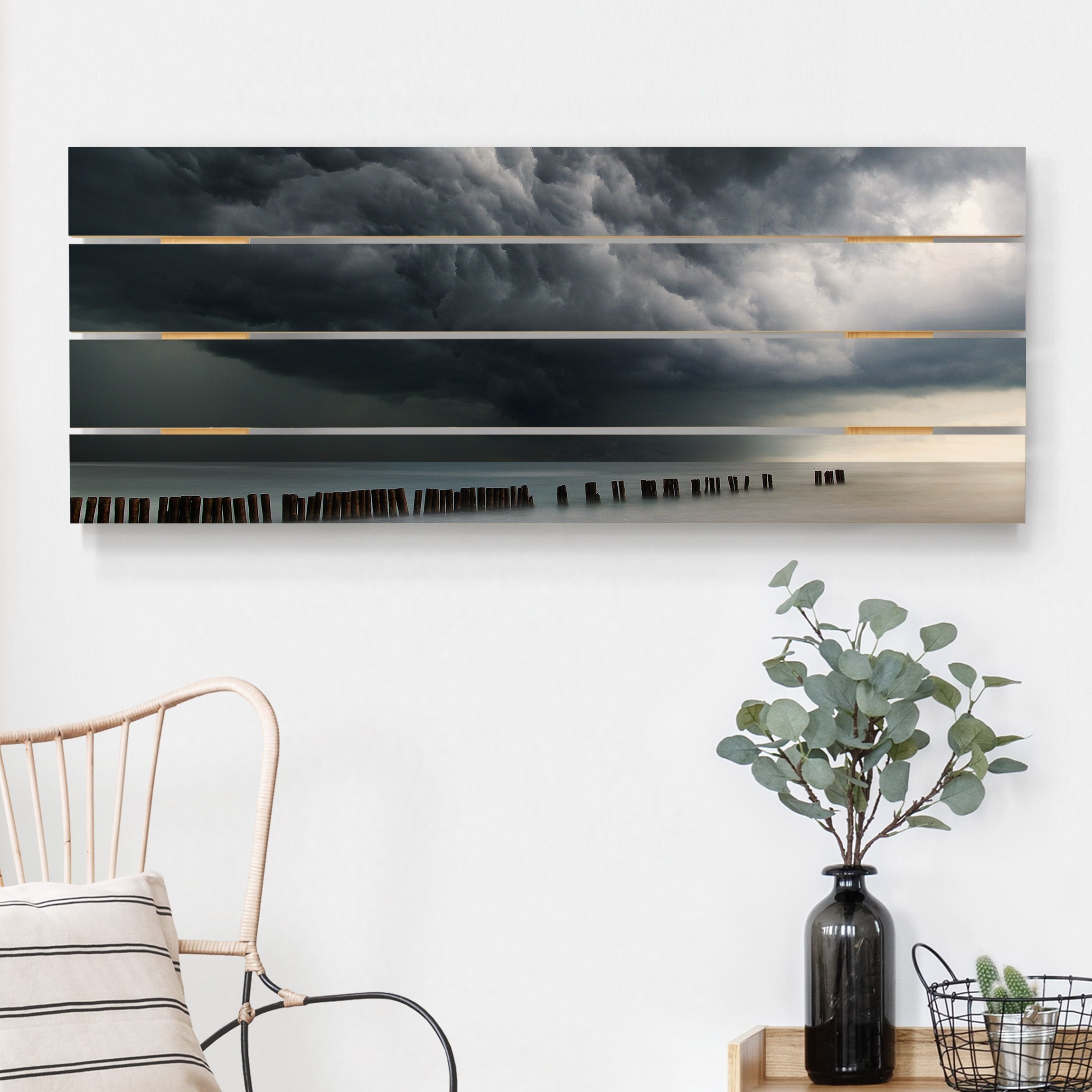 Holzbild Plankenoptik - Panorama Sturmwolken über der Ostsee