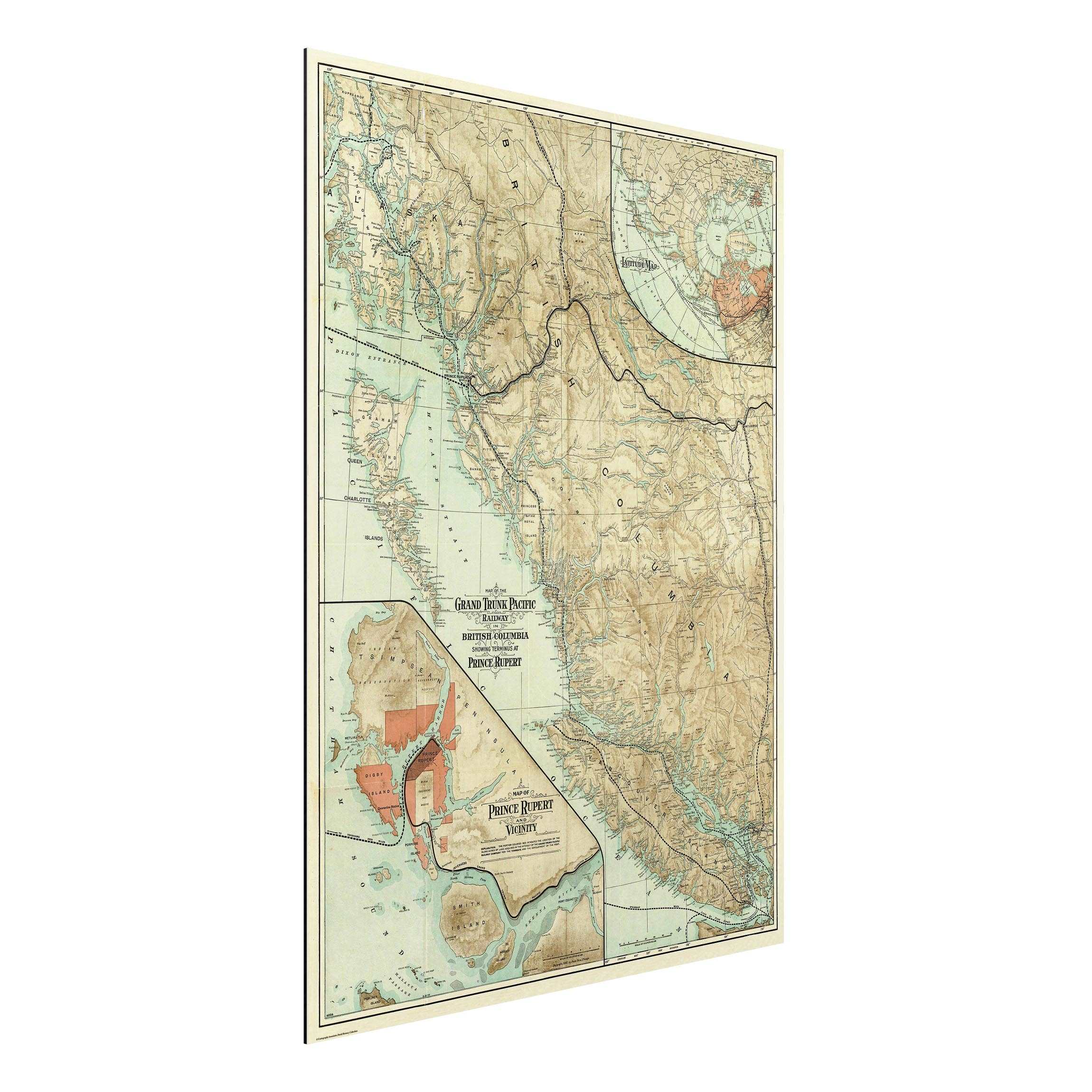 Alu-Dibond Outdoor Bild Vintage Karte British Columbia