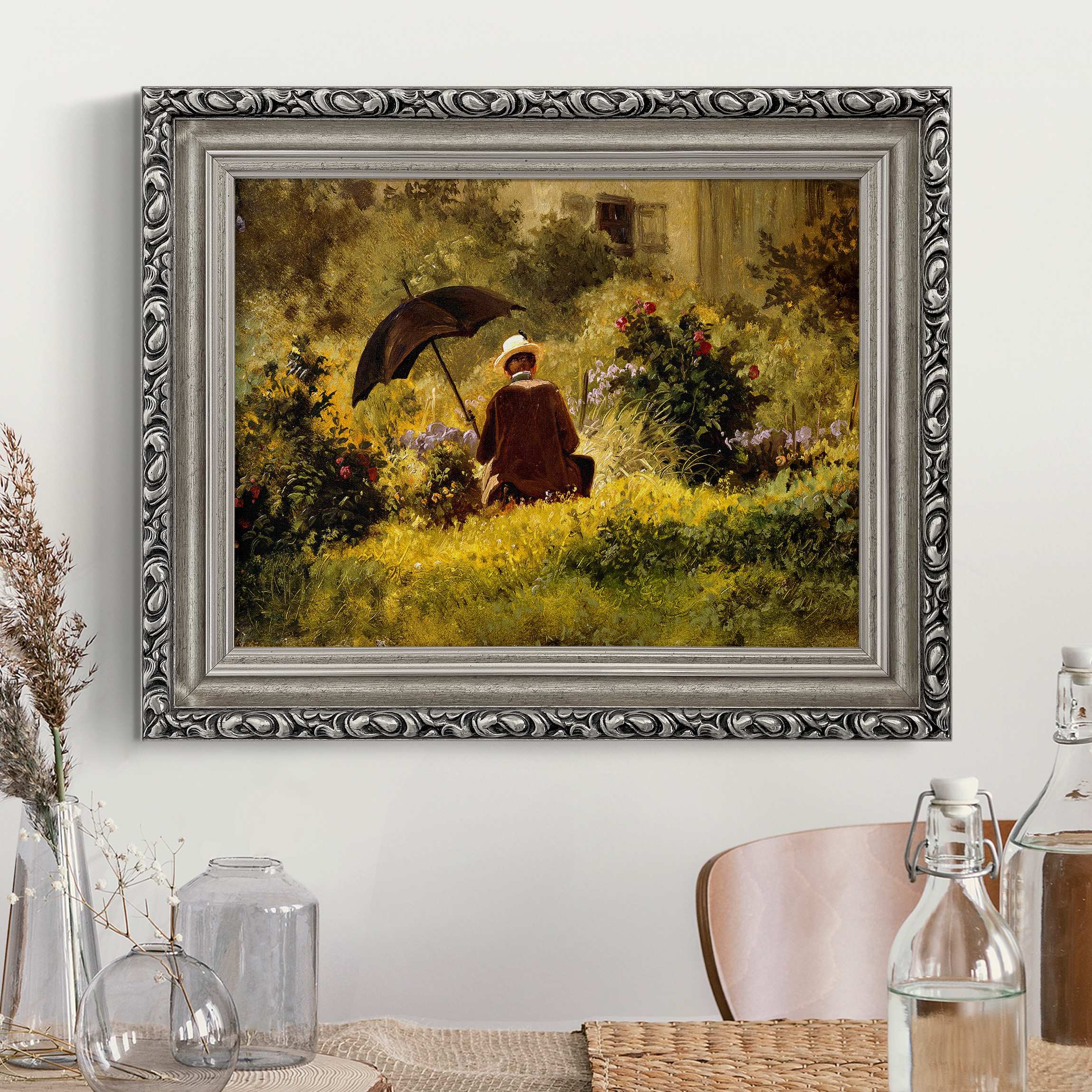Leinwandbild mit Barockrahmen Carl Spitzweg - Der Maler im Garten