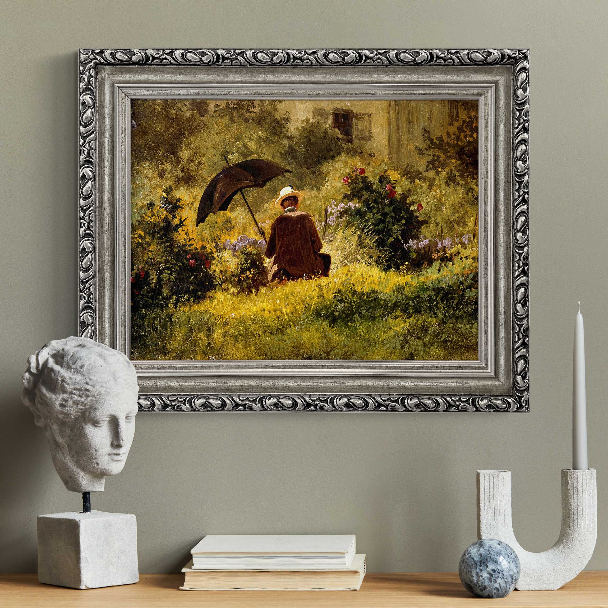 Leinwandbild in Barockrahmen Carl Spitzweg - Der Maler im Garten