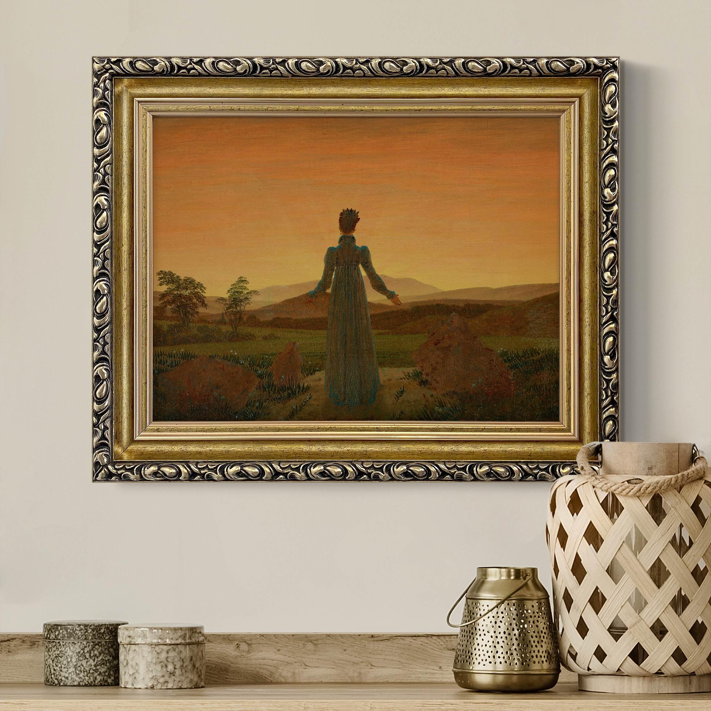 Leinwandbild in Barockrahmen Caspar David Friedrich - Frau vor untergehender Sonne
