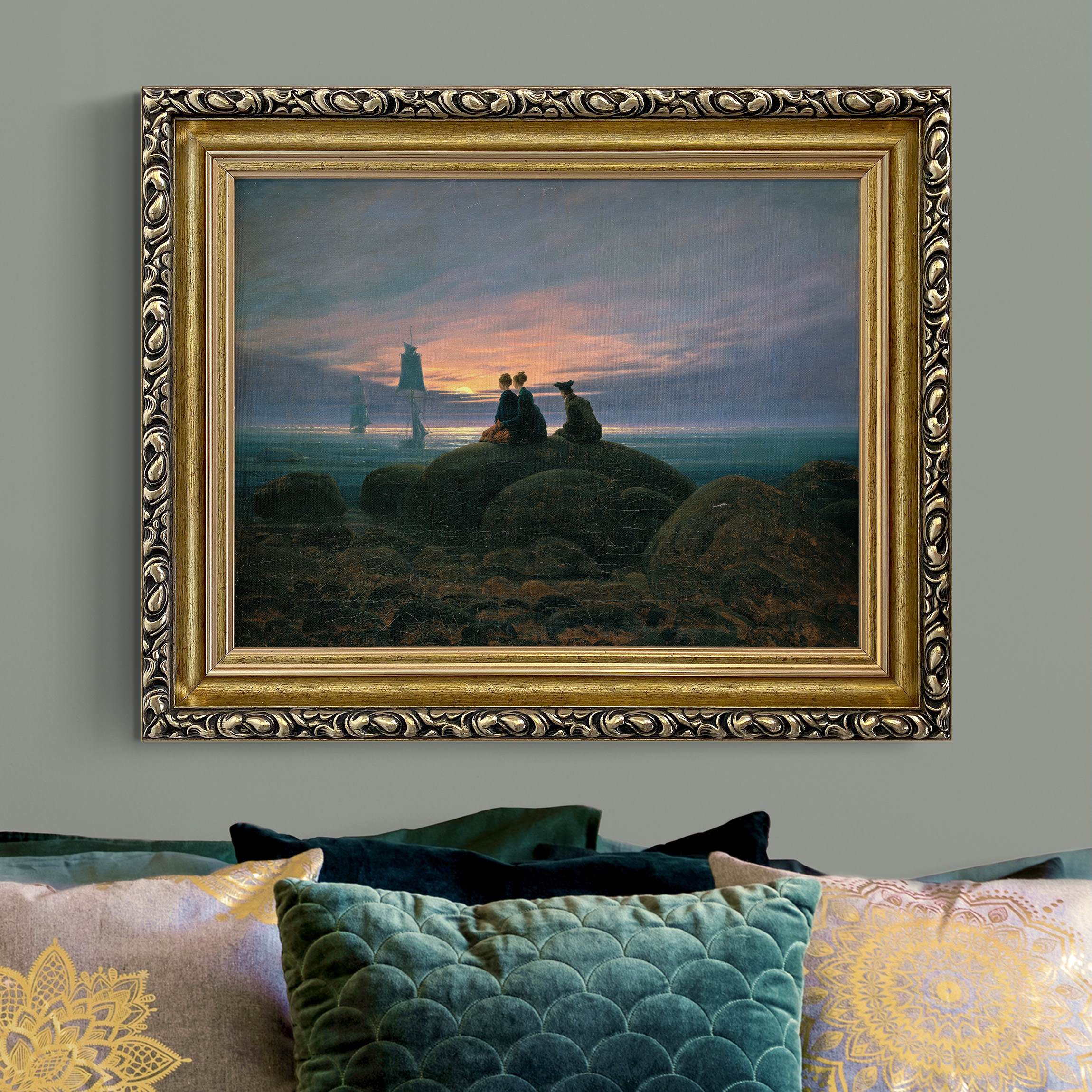 Leinwandbild in Barockrahmen Caspar David Friedrich - Mondaufgang am Meer