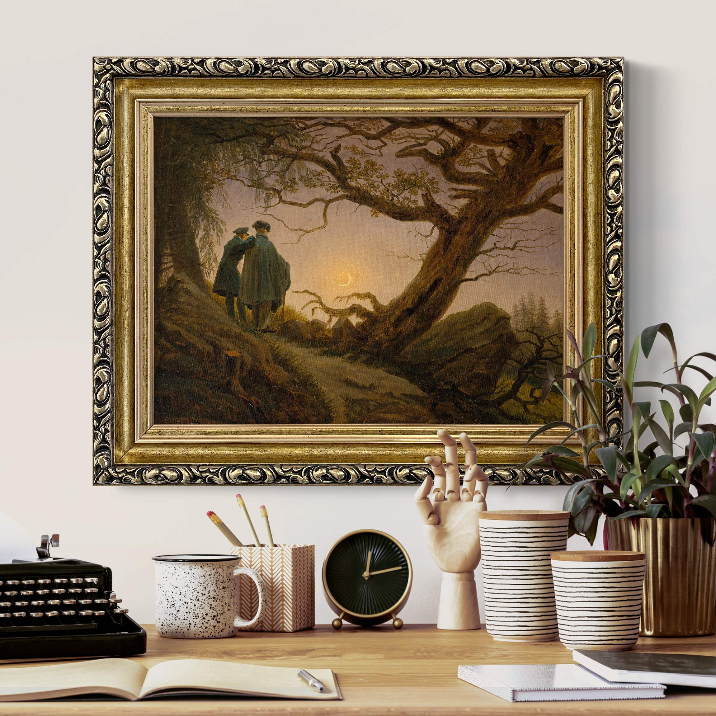 Leinwandbild mit Barockrahmen Caspar David Friedrich - Zwei Männer in Betrachtung des Mondes