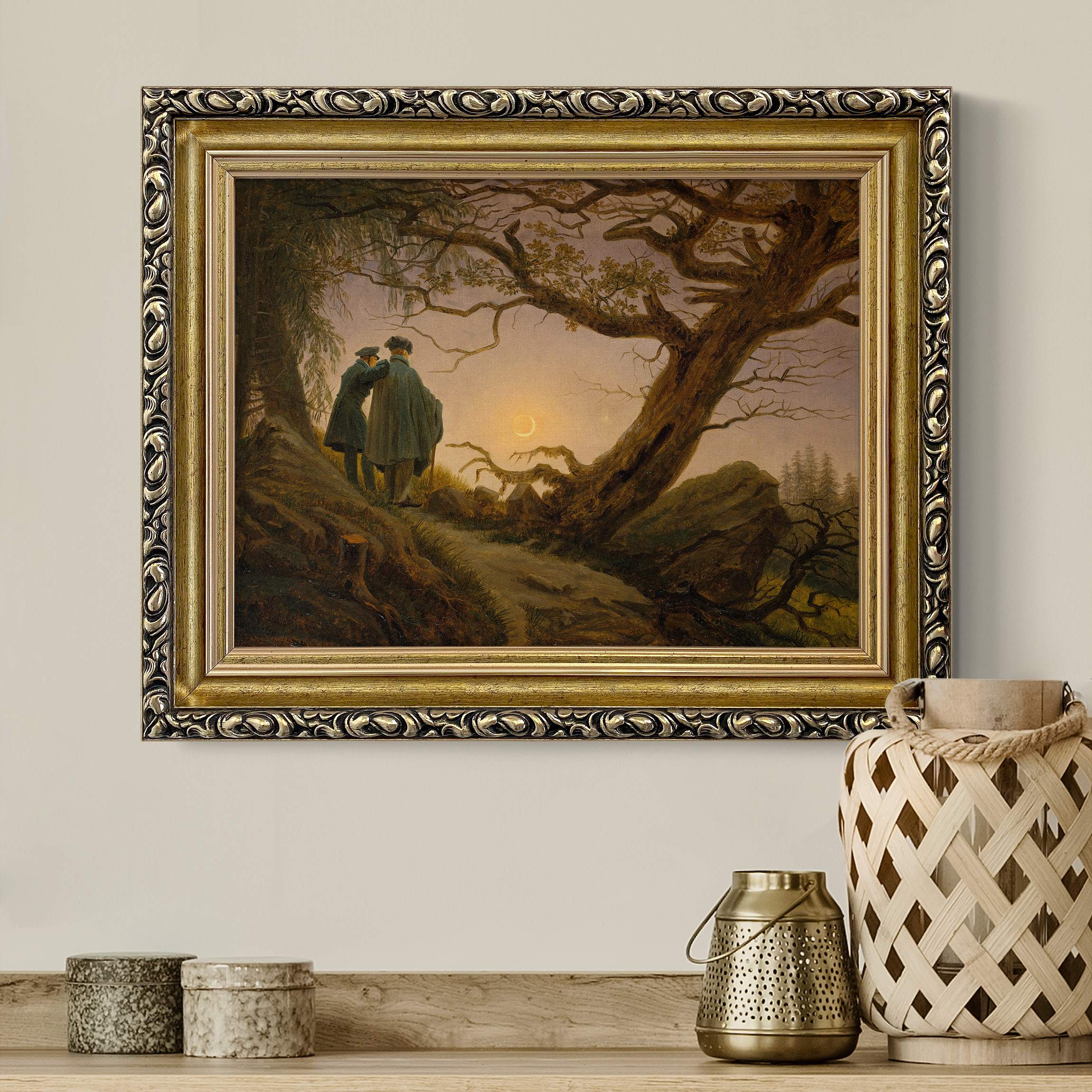 Leinwandbild in Barockrahmen Caspar David Friedrich - Zwei Männer in Betrachtung des Mondes
