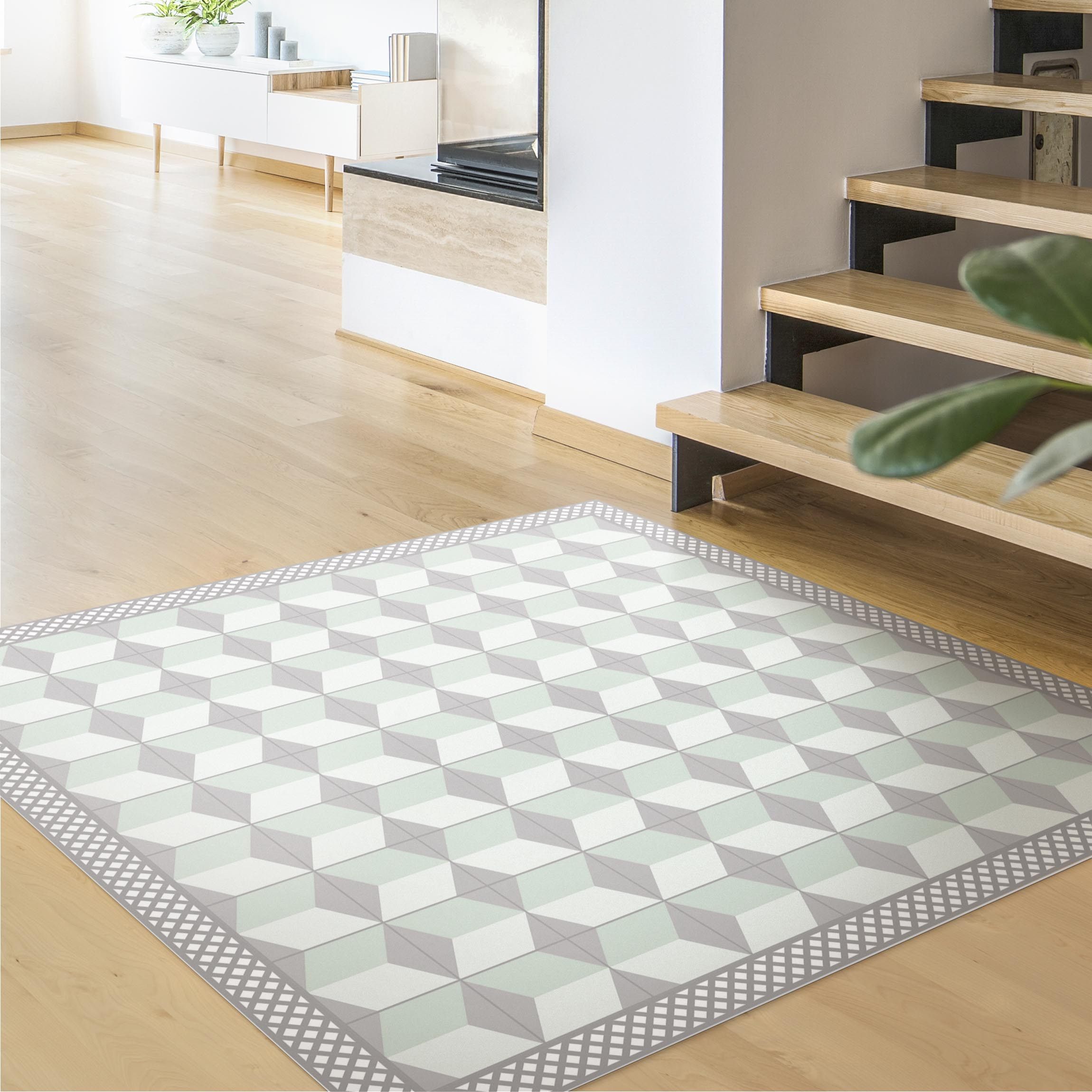 Vinylteppich Geometrische Fliesen Stufenillusion in Mintgrün mit Bordüre