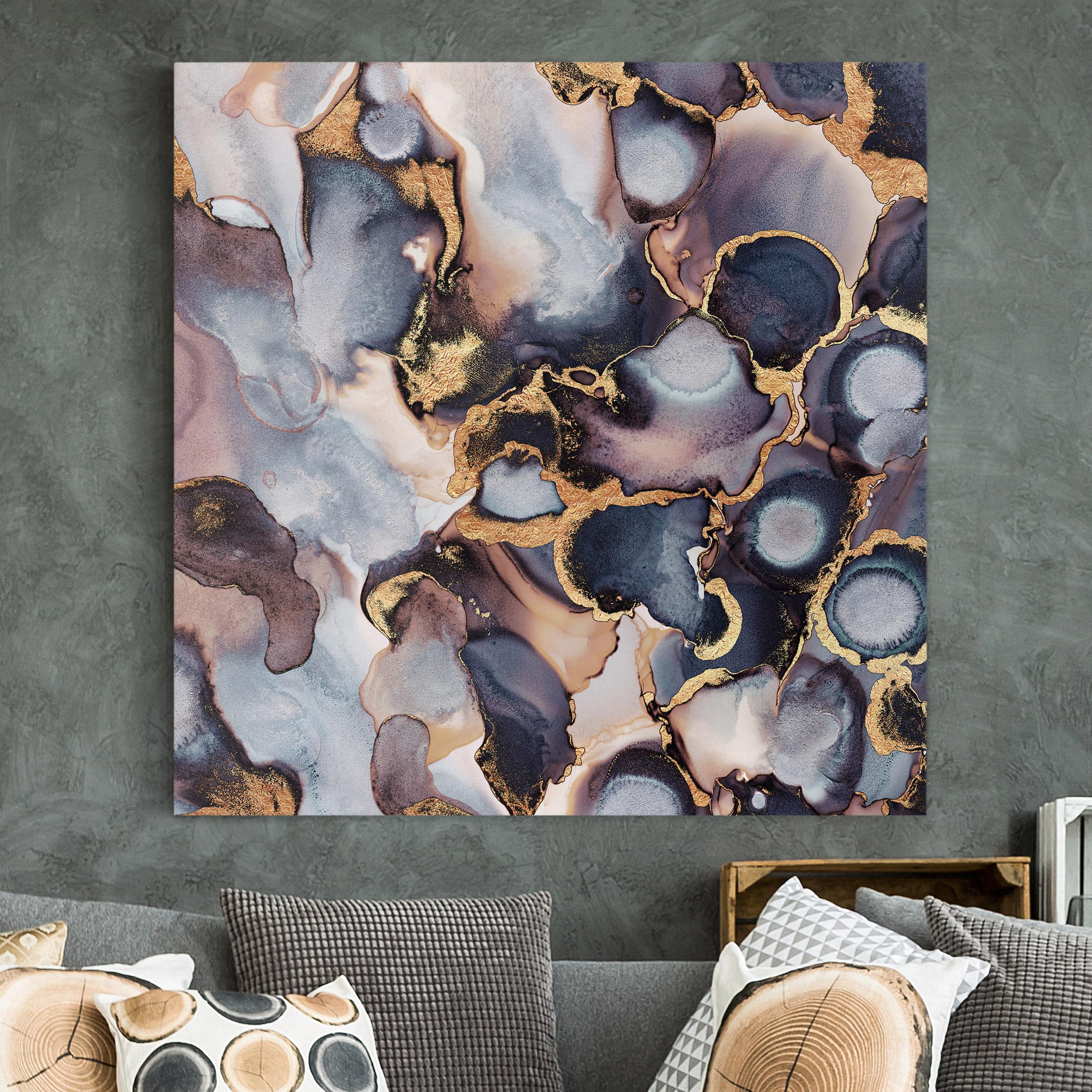Leinwandbild - Quadrat Marmor Aquarell mit Gold