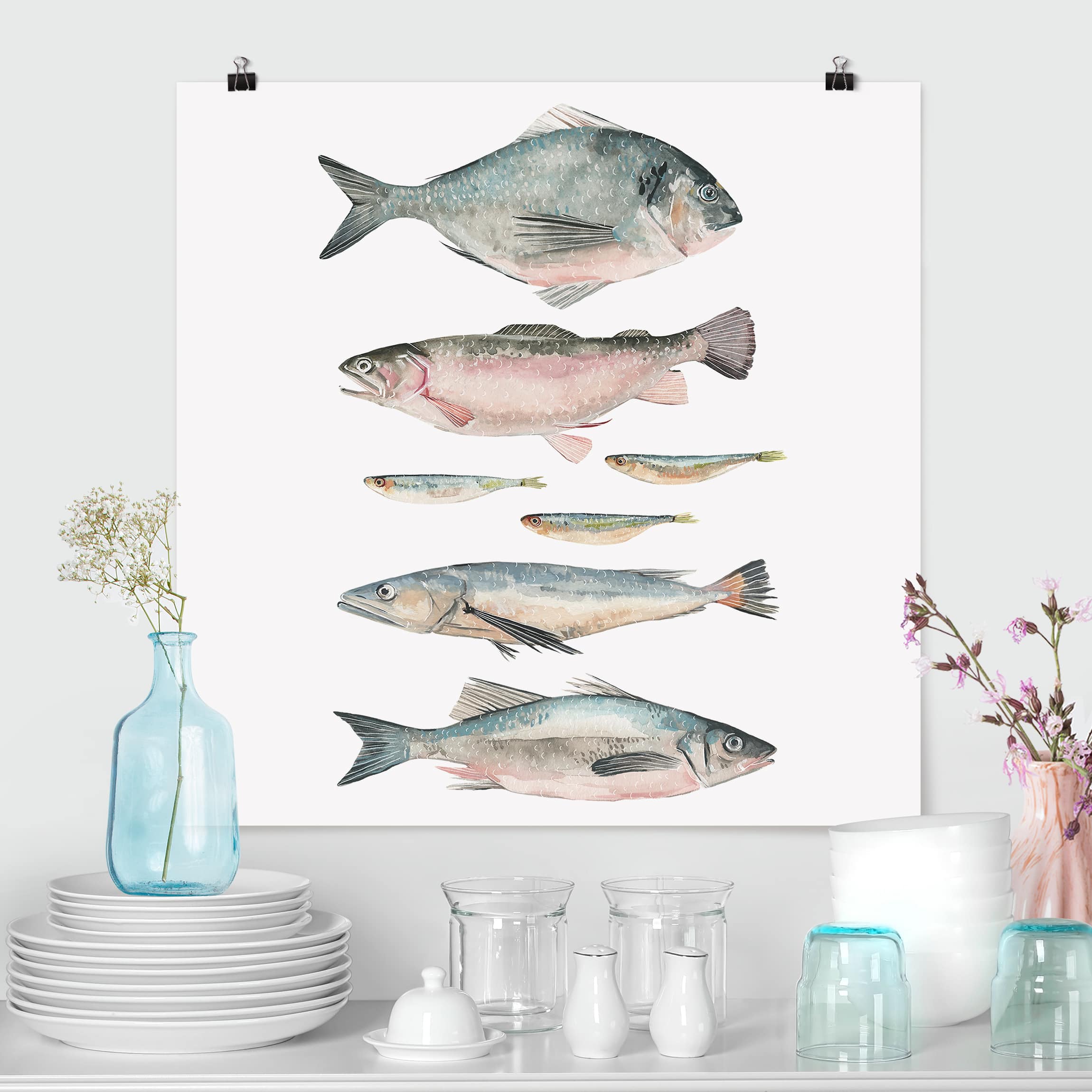 Poster - Quadrat Sieben Fische in Aquarell II