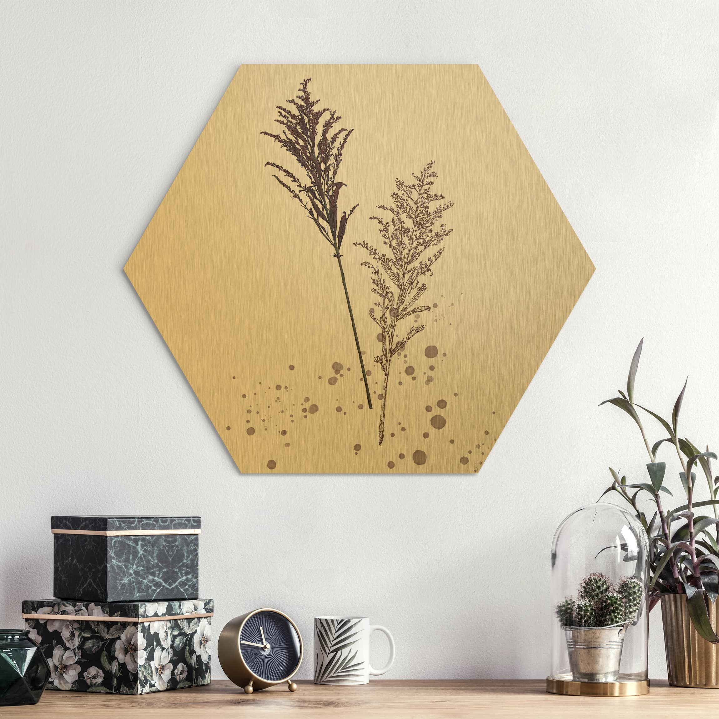 Hexagon-Alu-Dibond Bild Botanisches Aquarell - Schwingelschilf