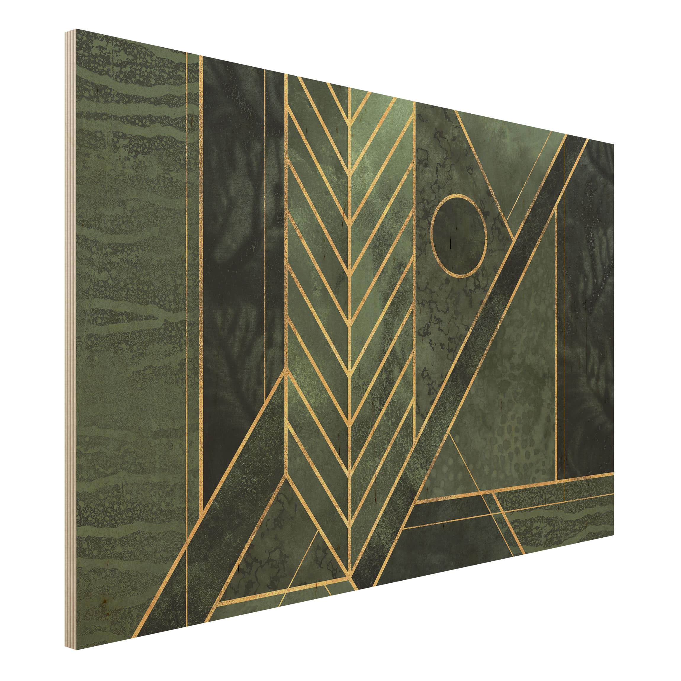 Holzbild - Querformat 3:2 Geometrische Formen Smaragd Gold