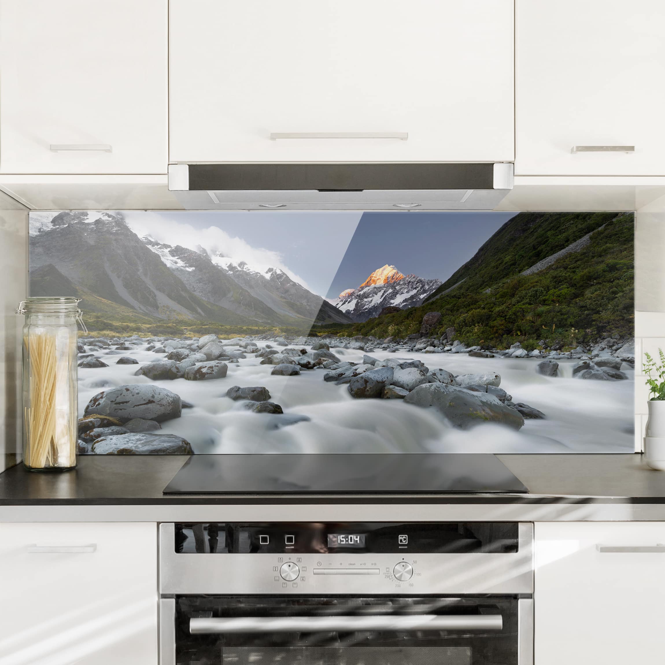 Glas Spritzschutz - Panorama Aoraki über dem Hooker River