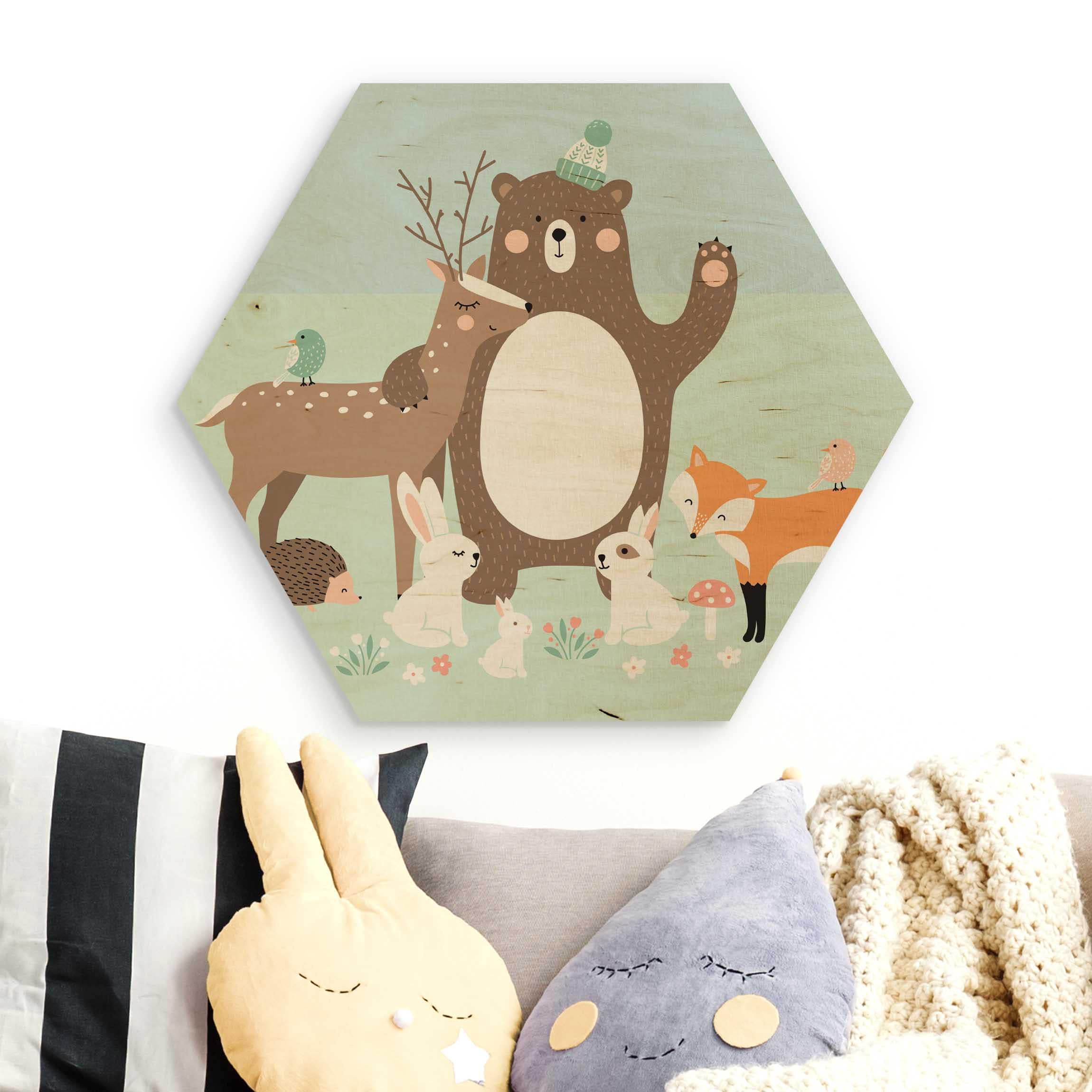Hexagon-Holzbild Forest Friends mit Waldtieren blau