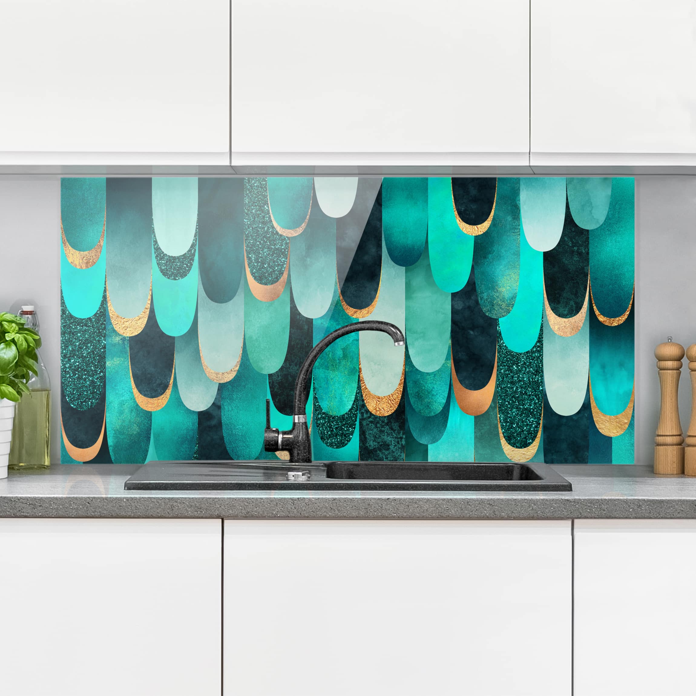 Glas Spritzschutz Federn Gold Türkis