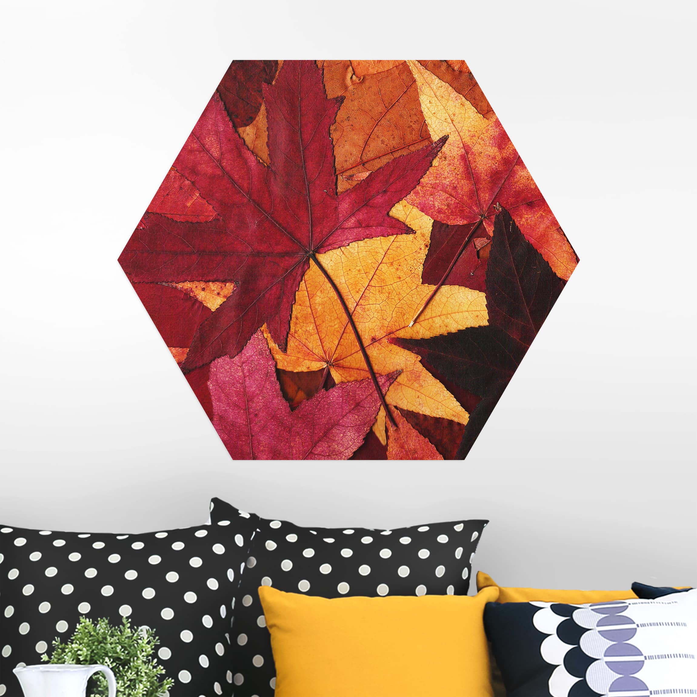 Hexagon-Alu-Dibond Bild Coloured Leaves