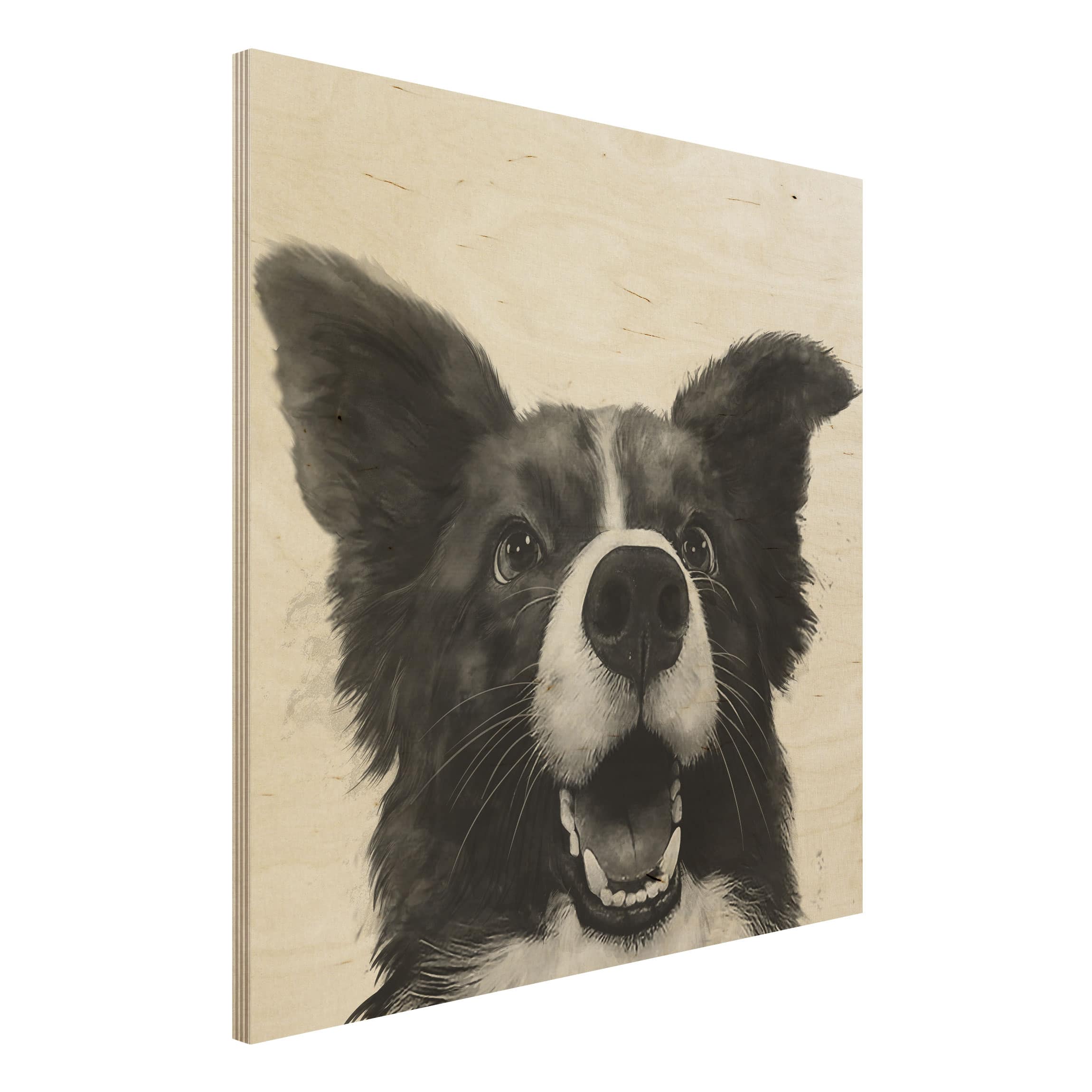Holzbild - Quadrat Illustration Hund Border Collie Schwarz Weiß Malerei